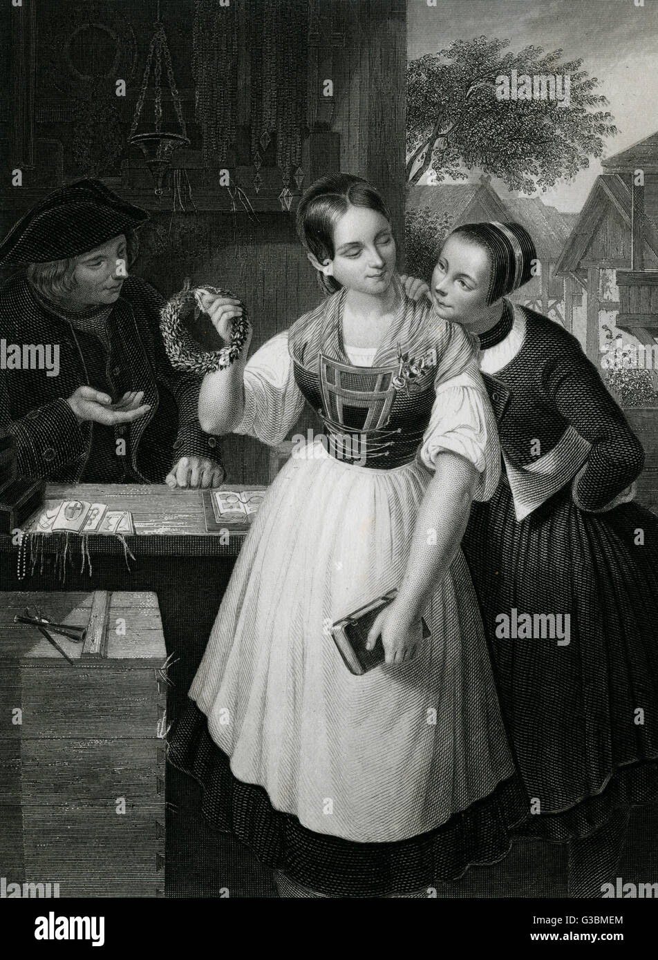 Eine Mädchen vom Lande kauft einen Brautkranz.        Datum: Anfang des 19. Jahrhunderts Stockfoto
