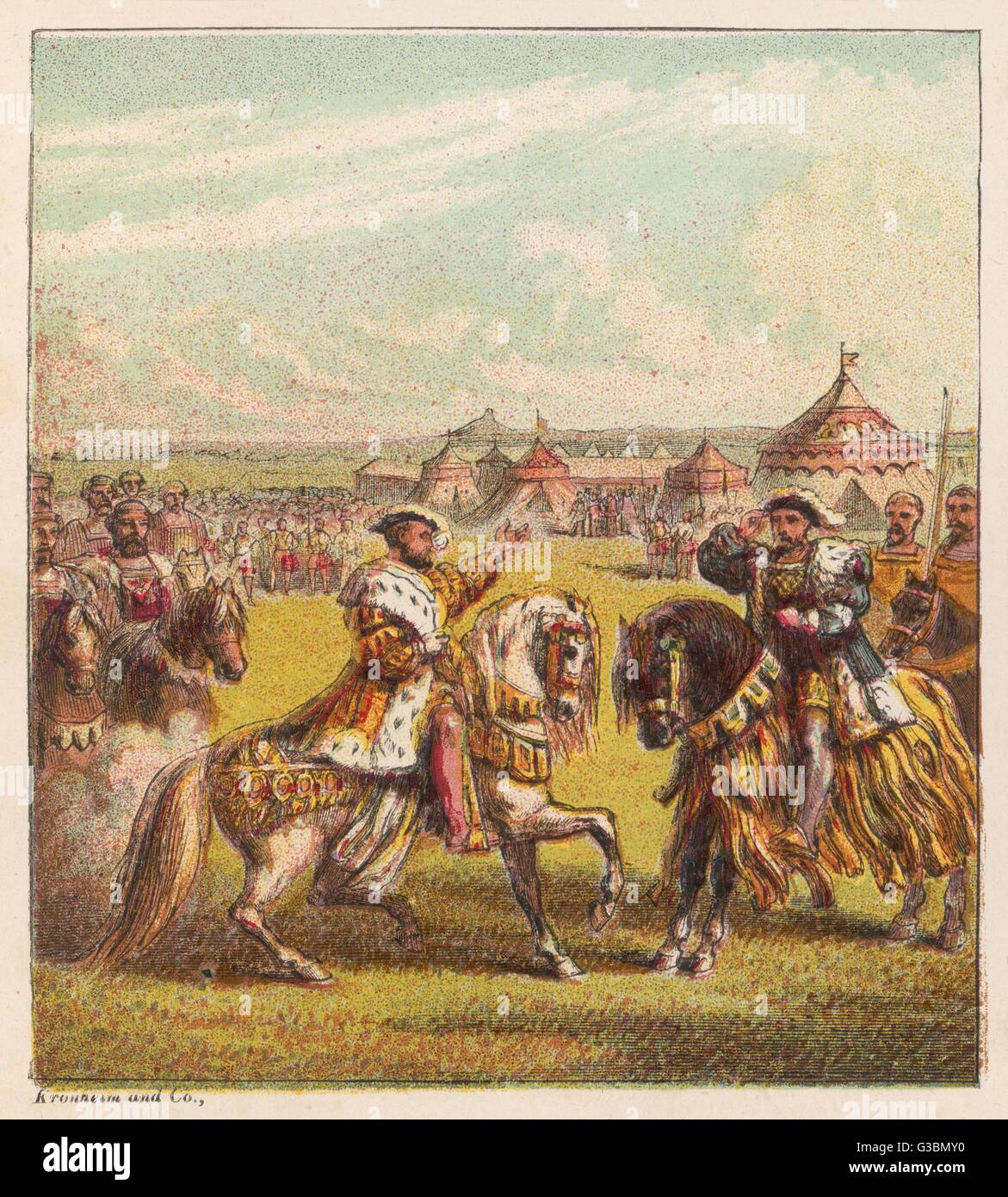 Heinrich VIII. und Francis ich auf dem Gebiet der Cloth of Gold treffe in der Nähe von Calais Datum: Juni 1520 Stockfoto