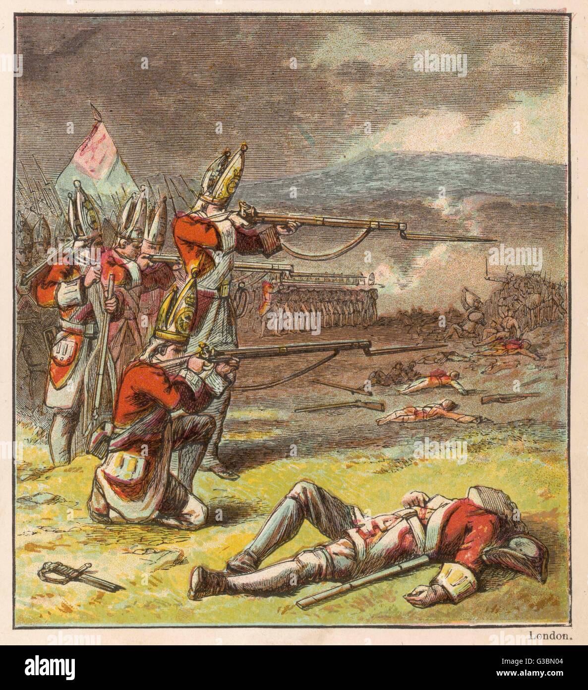 Britische Truppen bei der Schlacht von Culloden besiegen die Highlanders von Young Pretender, Charles Stuart Date: 16. April 1746 Stockfoto
