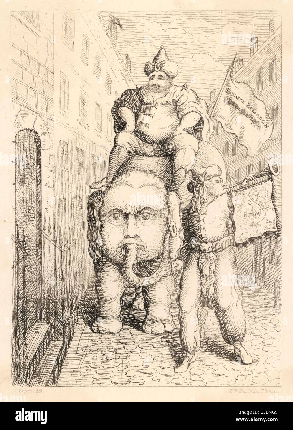 CARTOON/FUCHS AUF DEM ELEFANTEN Stockfoto