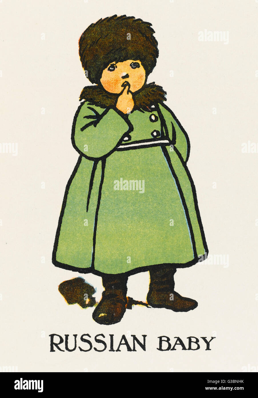 Eine russische Kind trägt eine Pelzmütze, warme Stiefel und ein großen Mantel legt den Finger in den Mund.         Datum: Anfang des 20. Jahrhunderts Stockfoto