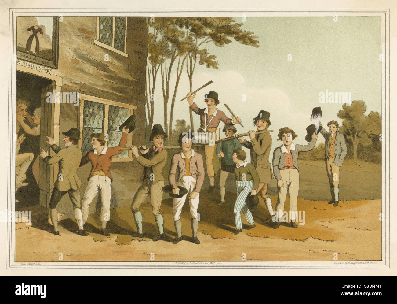 Ein "Herold" empor "Stang" macht "rough Music" trug und alarmiert die Nachbarschaft zu einem Mann-Beater. Natürliche Gerechtigkeit mit dem Ziel, die Frevler zu erhalten, ihre Wege zu Flicken.     Datum: 1814 Stockfoto