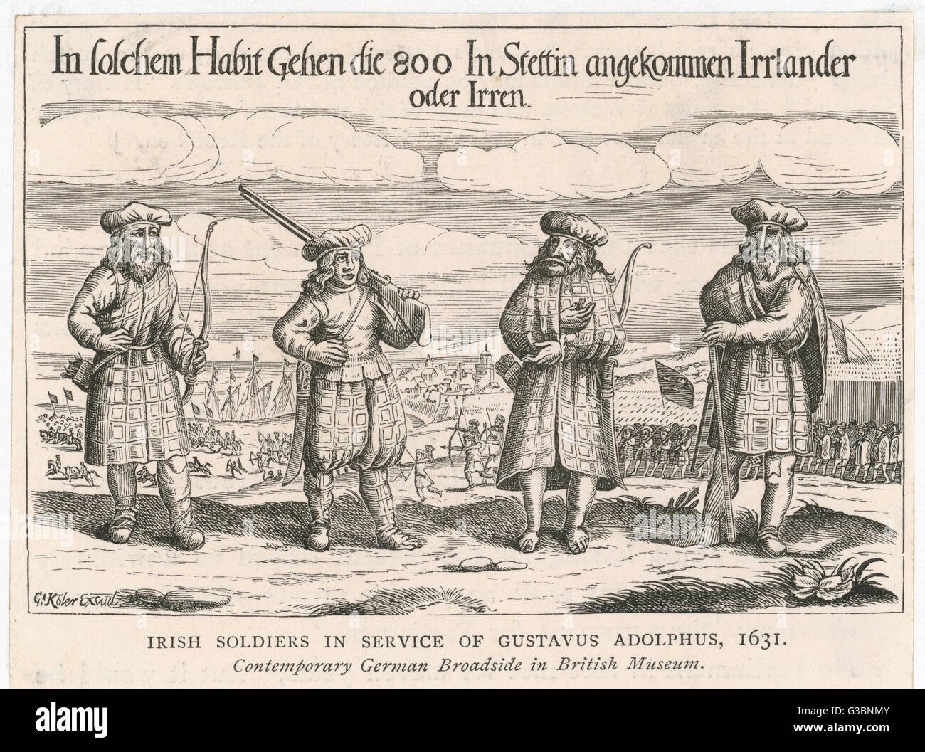 Irische Soldaten, einige mit Gewehren, teilweise mit Bögen, in den Dienst der schwedischen König, Gustavus Adolphus, während des Dreißigjährigen Krieges Datum: 1631 Stockfoto