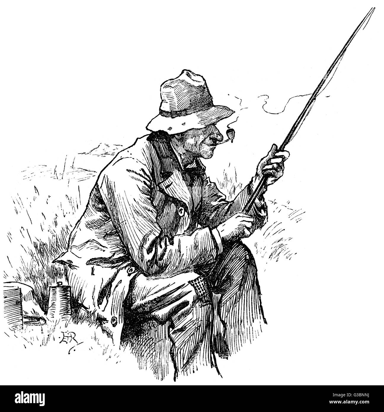 Ein gemächlicher Alter Mann sitzt auf der Bank, die Pfeife im Mund &amp; Stab in der hand, für Angeln. Seine Box Tackle kann nur an seiner Seite gesehen werden.      Datum: 1892 Stockfoto
