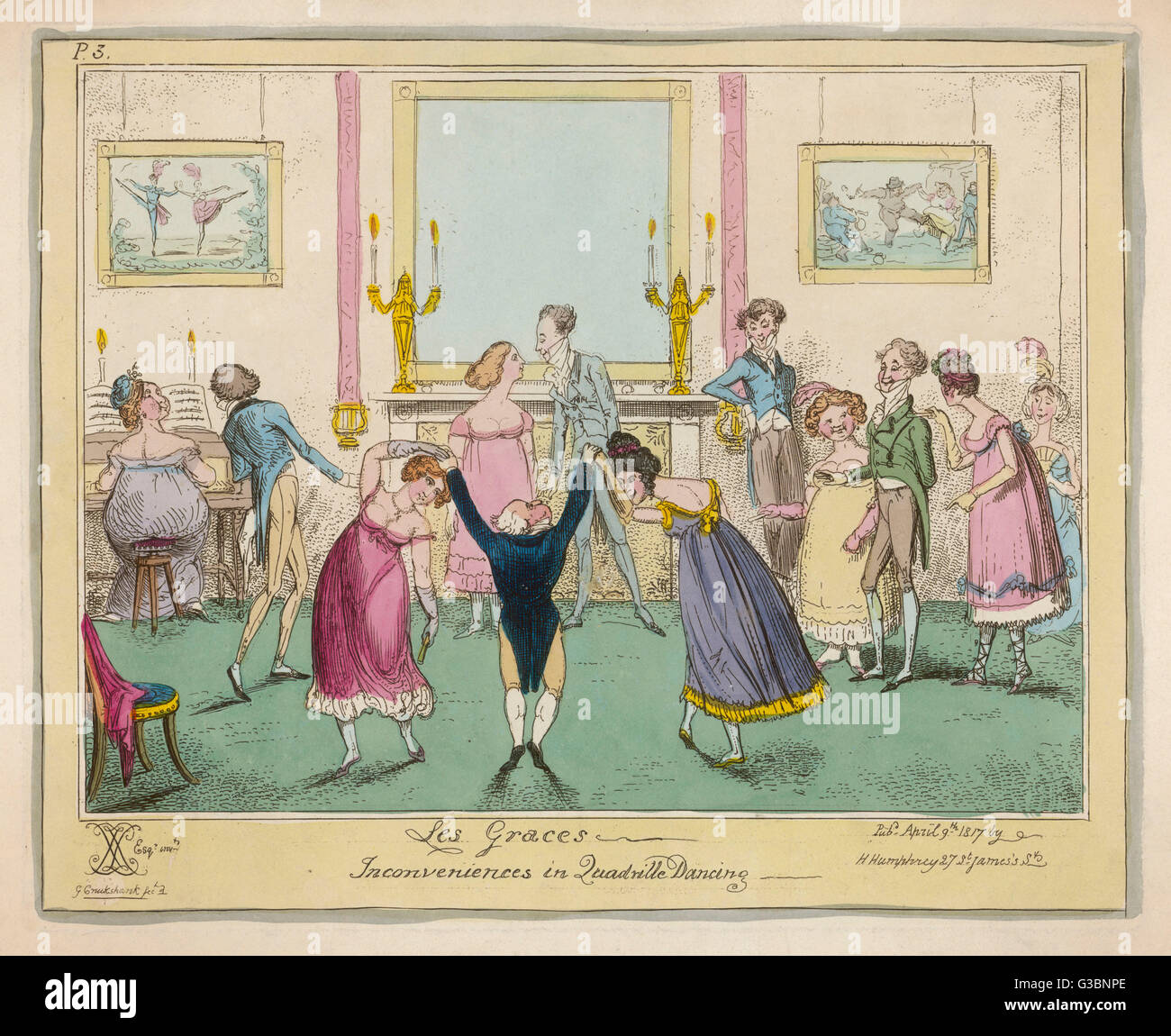 Unannehmlichkeiten im Quadrille tanzen: kurze Gentleman kämpft auf Zehenspitzen, als er tapfer versucht, zwei große Frauen mit hohen Frisuren zu machen.     Datum: 1817 Stockfoto