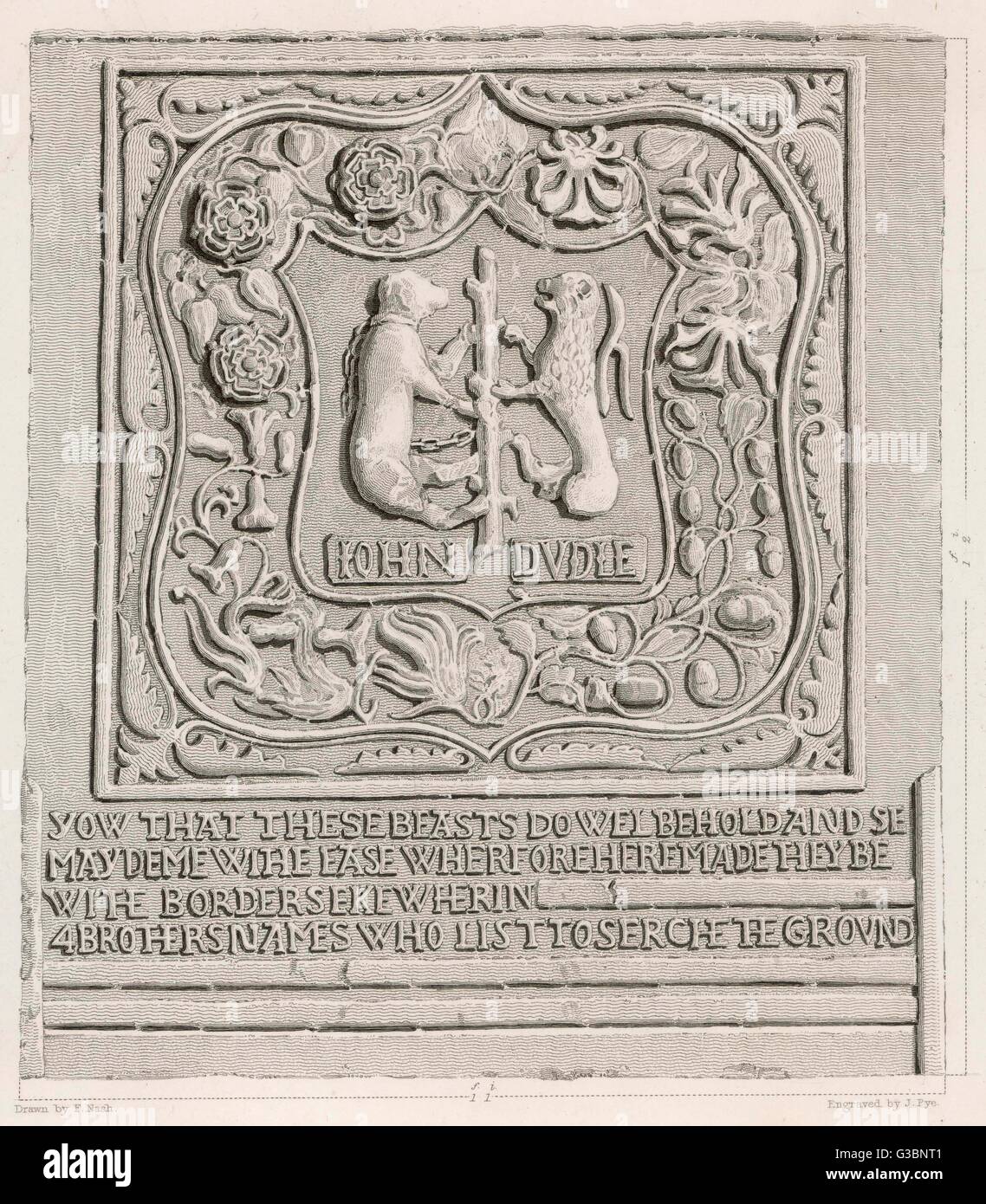 Das Dudley Familienwappen geschnitzt in die Wand des Turmes Beauchamp von John Dudley, Earl of Warwick, der dort ca. 1550s Datum eingesperrt war: ca. 1550s Stockfoto