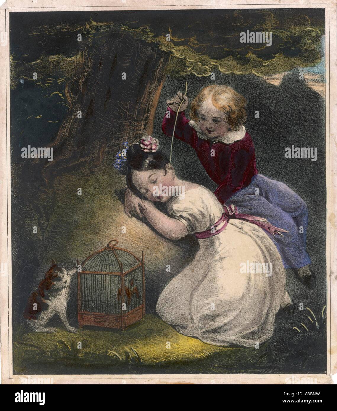Ein frecher kleiner Junge kitzelt verschmitzt das Ohr ein schlafendes Mädchen mit einem langen Strohhalm. Eine freche Kätzchen Spiegel sein Verhalten, wie es einen Vogel in einem Käfig quält.     Datum: 1830er Jahre Stockfoto