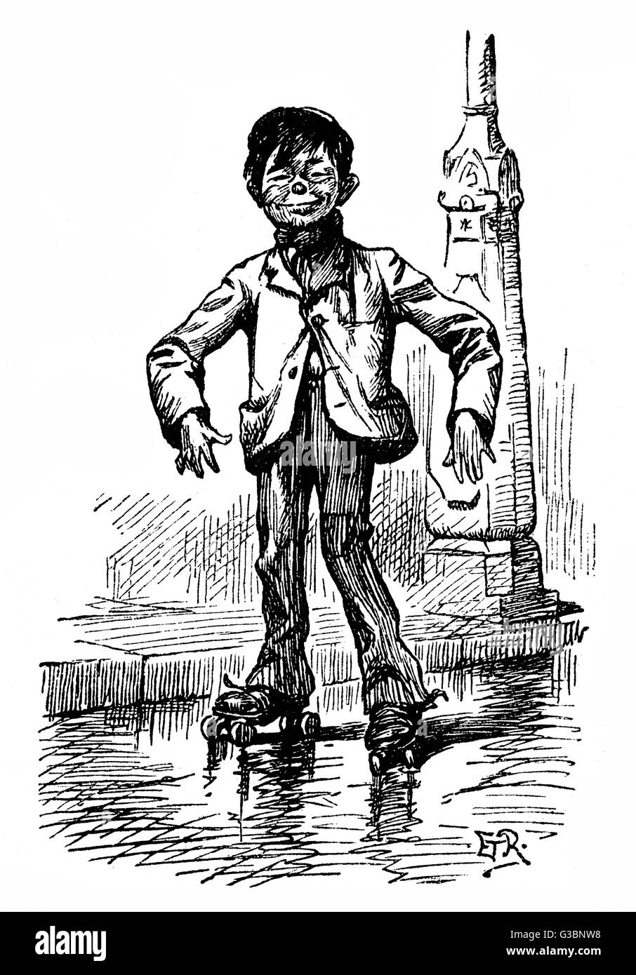 Ein Ganglie, langarmige junge, mit einem sehr selbstgefälligen Blick auf seinem Gesicht, genießt eine Lage der Roller-skating in einer Londoner Straße.       Datum: 1892 Stockfoto