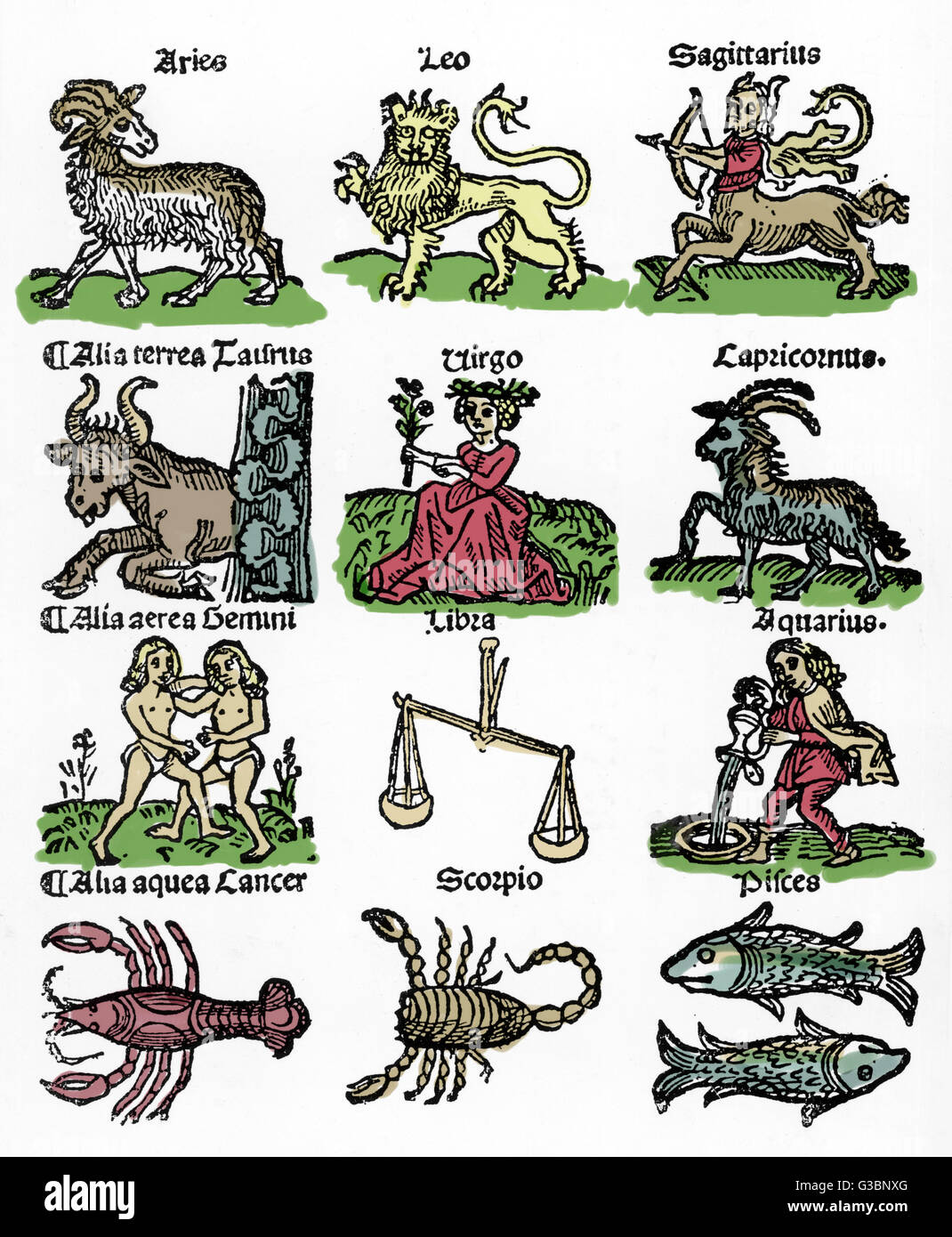 Die zwölf Tierkreiszeichen - eine mittelalterliche Serie (farbig per Hand) Datum: 1489 Stockfoto