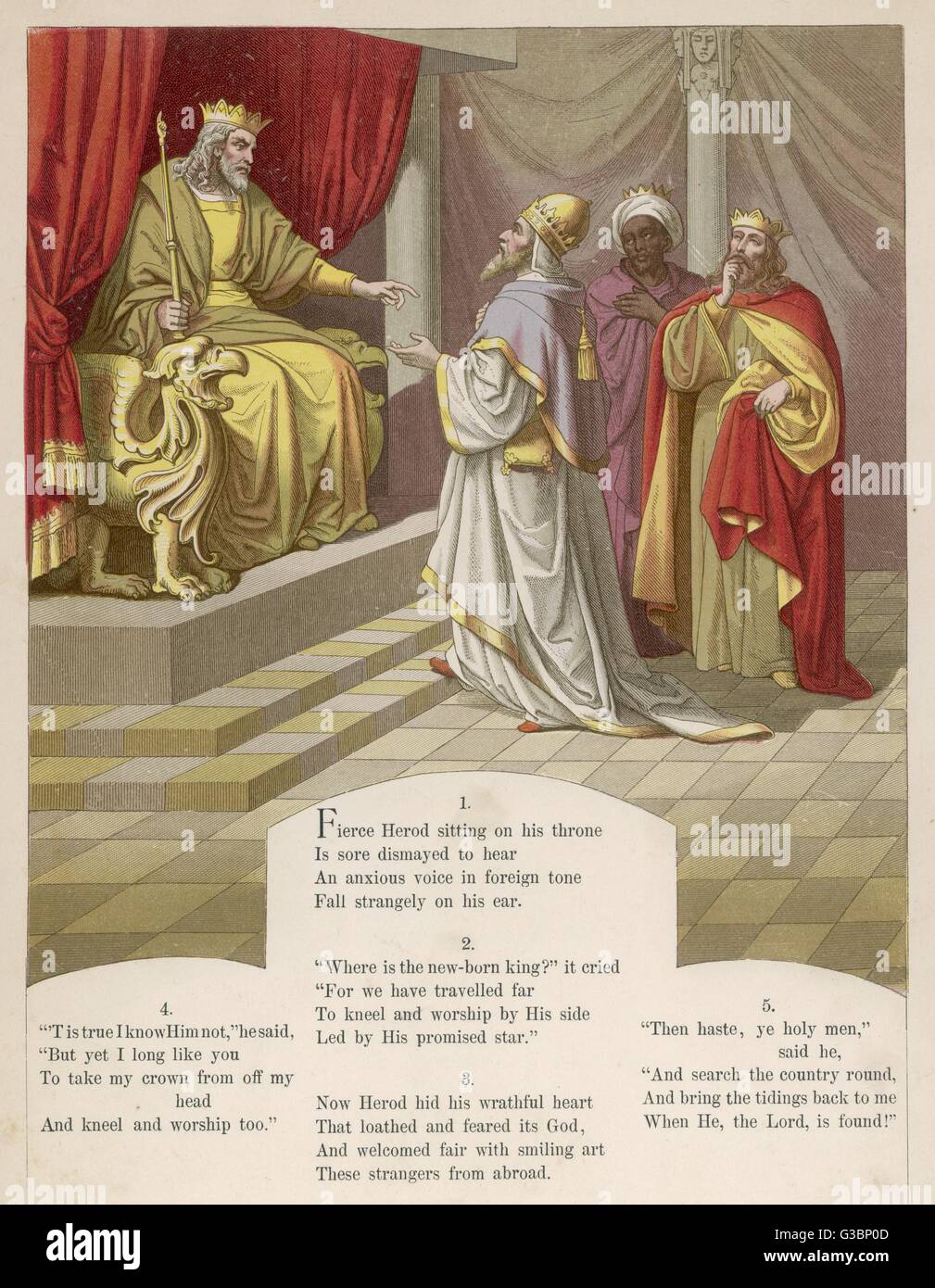 Die Heiligen drei Könige besuchen Herodes, dem ernannten Gouverneur von Judäa, um ihn zu Fragen, wo der neue König Datum gefunden werden konnte: 1875 Stockfoto