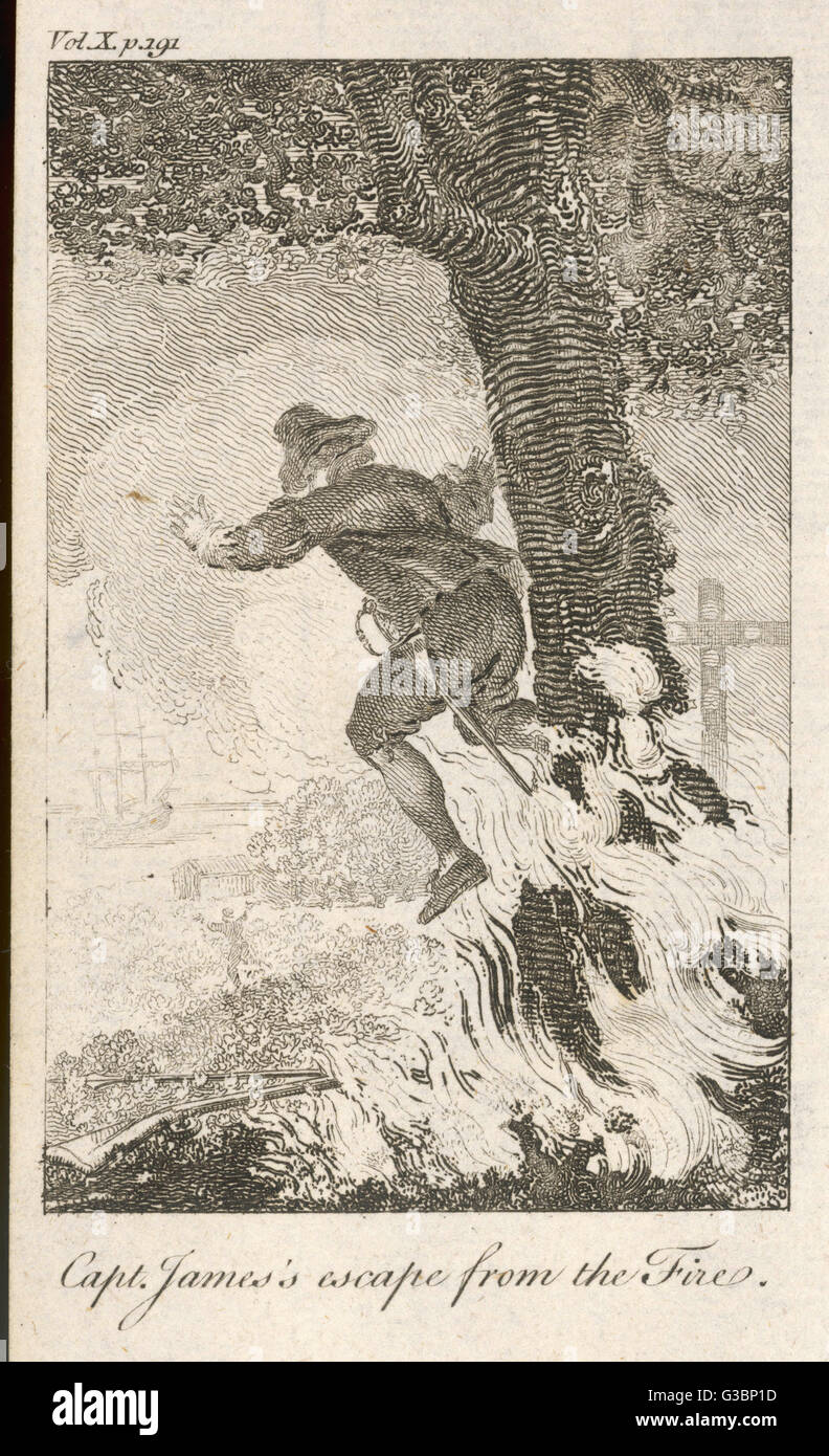 MANN ENTKOMMT FEUER C17TH Stockfoto