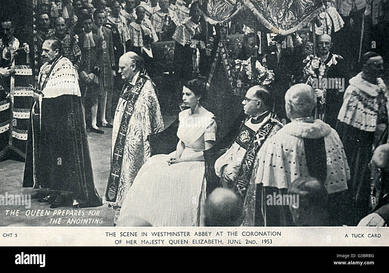 Die Kronung Von Konigin Elisabeth Ii In Der Westminster Abbey Am 2 Juni 1953 Die Konigin Bereitet Die Salbung Queens Rechts Ist Bischof Von Durham Arthur Michael Ramsey Und Links Von Ihr