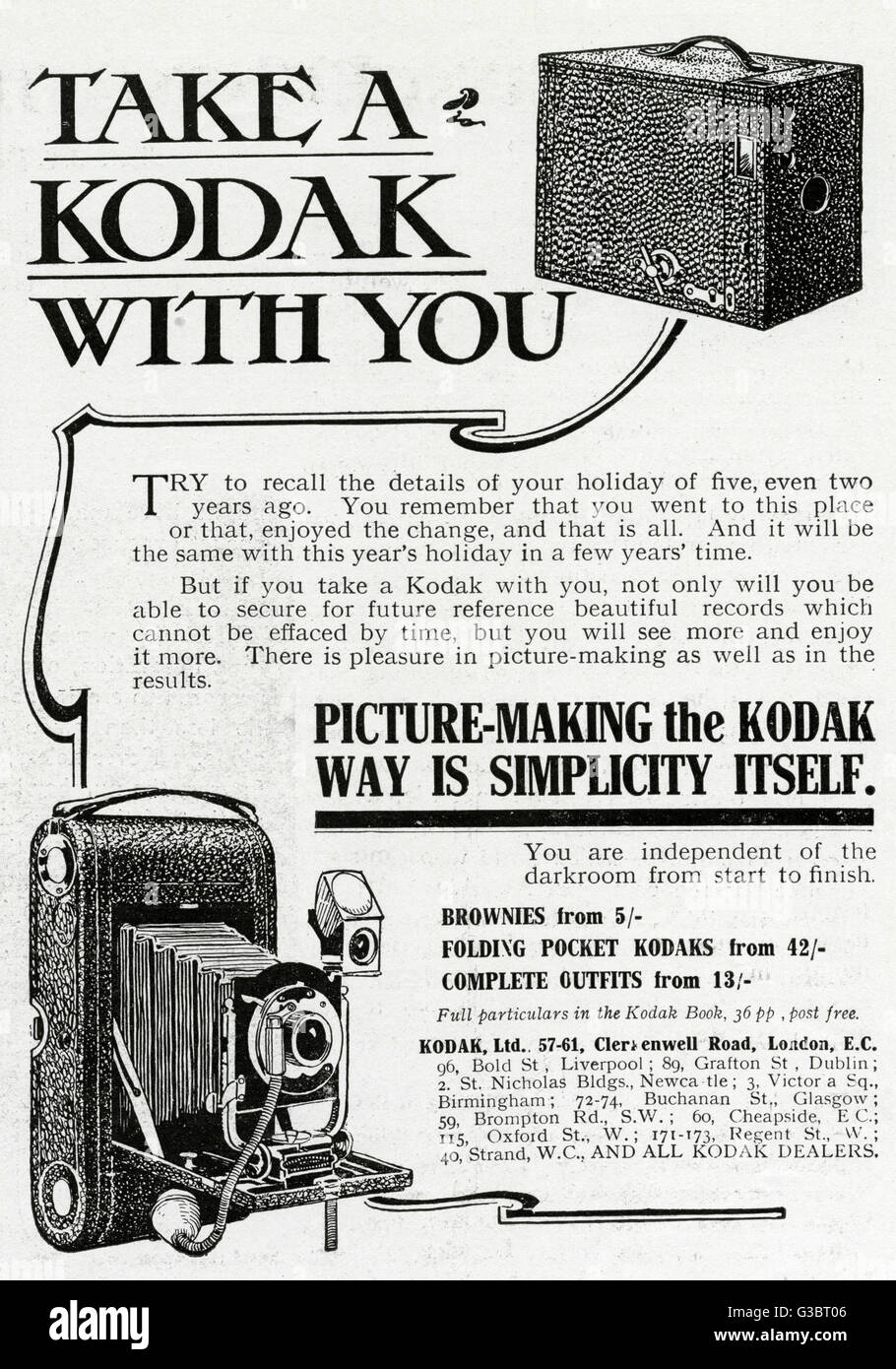 Anzeige für Kodak Klapptaschen-Kameras 1909 Stockfoto