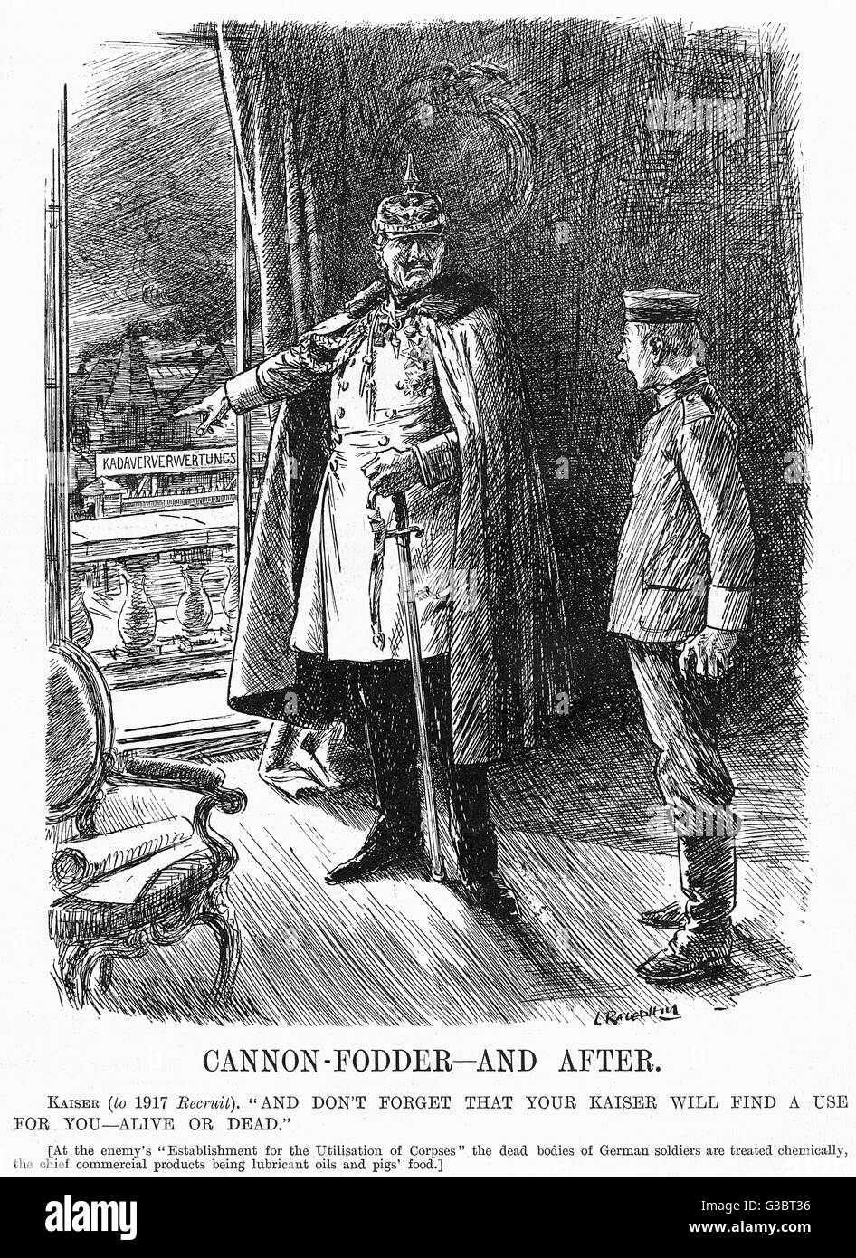 Kanonenfutter - und nach dem Kaiser (bis 1917 Rekrut): "Und vergiss nicht, dass Ihre Kaiser eine Verwendung für Sie - lebendig oder tot finden."    Diese Karikatur bezieht sich auf eine Geschichte, die ihren im April 1917 in The Times und The Daily Mail Ursprung, behauptet, dass th Stockfoto Kanonenfutter - und nach dem Kaiser (bis 1917 Rekrut): "Und vergiss nicht, dass Ihre Kaiser eine Verwendung für Sie - lebendig oder tot finden."    Diese Karikatur bezieht sich auf eine Geschichte, die ihren im April 1917 in The Times und The Daily Mail Ursprung, behauptet, dass th Stockfoto