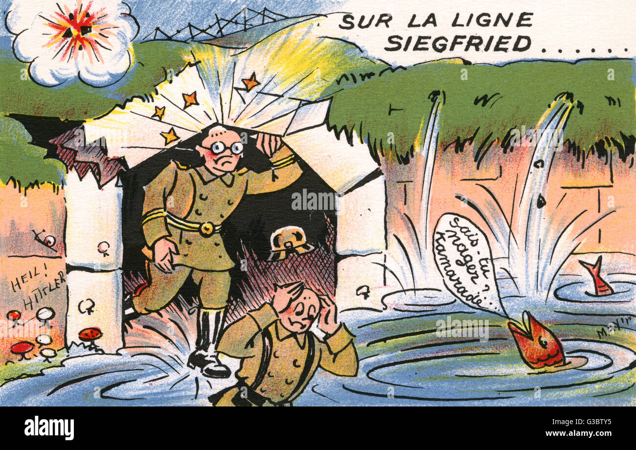 Französischen WW2 Propaganda Postkarte mit der deutschen Verteidigungslinie Siegfried mit angegriffen worden und Leck! Der Fisch ist witzig die deutschen Soldaten eingeschlagen-Up Fragen? "Weißt du, wie man schwimmt, Genosse?"!!     Datum: ca. 1940er Jahre Stockfoto