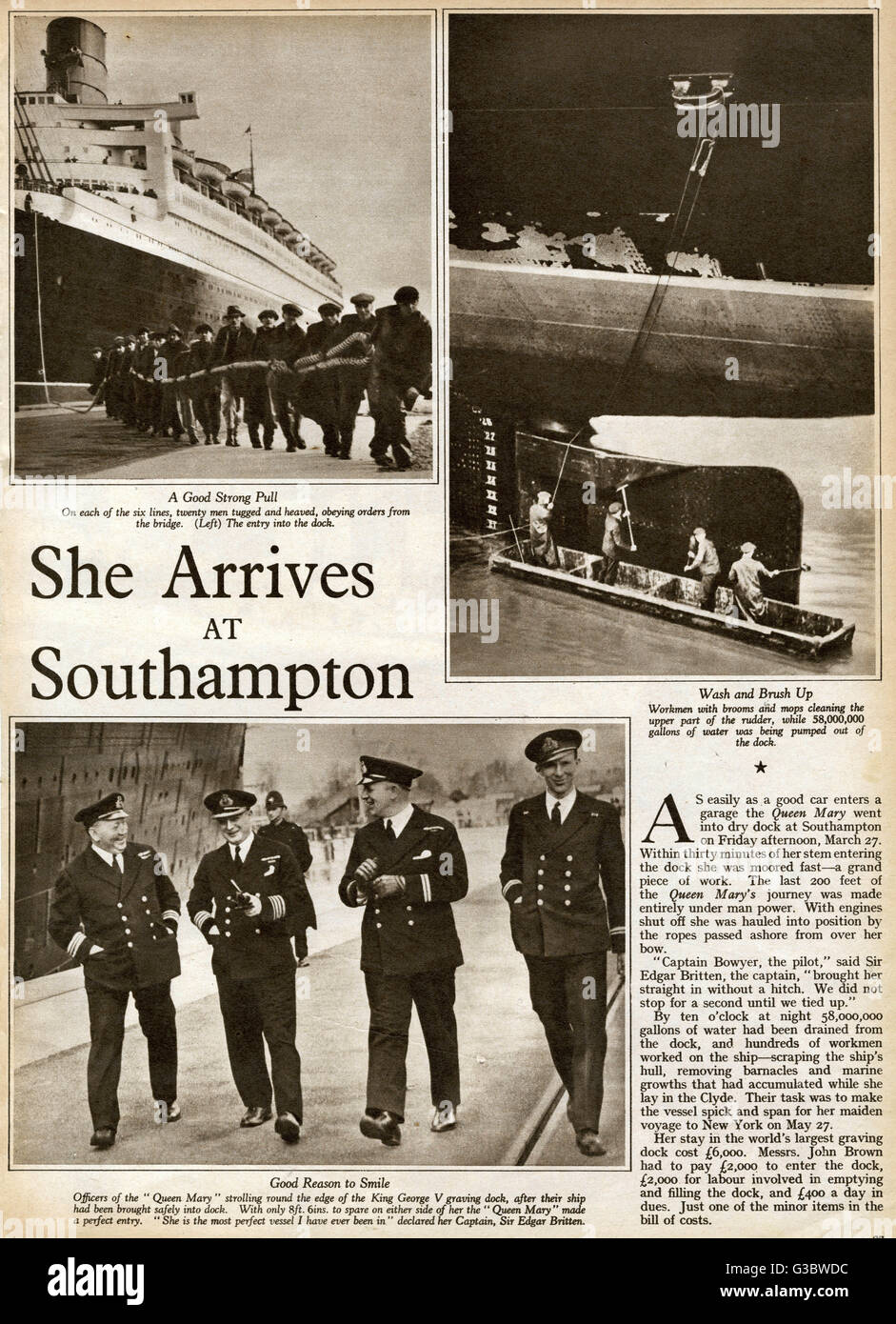 Southampton zu erreichen, die "Queen Mary" in einer riesigen King George V Gravieren Trockendock, bereit für seine Jungfernfahrt nach New York im Mai 1936 angedockt.  Innerhalb von 30 Minuten von ihrem Stamm Eintritt in das Dock, die sie schnell festgemacht war, war die letzten 200 Füße ihrer Reise Stockfoto