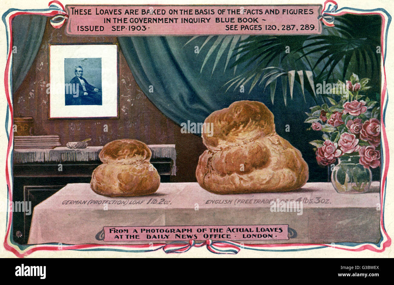 Postkarte, die die Vorzüge des Freihandels verdeutlicht - größerer Brotlaibe Stockfoto