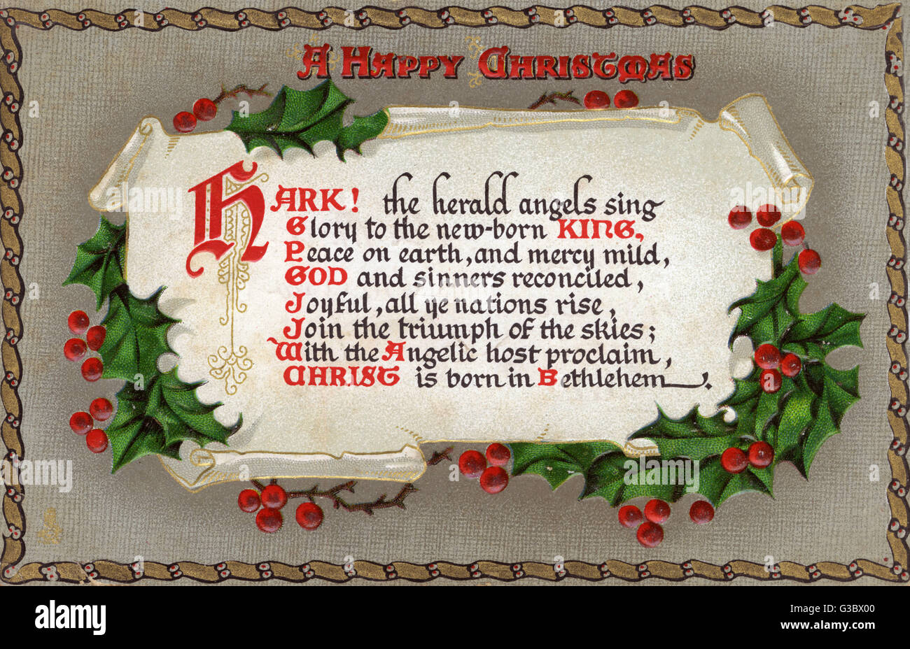 Horch! The Herald Angels Sing - Weihnachtslied. Das Lied erschien zuerst in 1739 in der Auflistung Hymnen und Heilige Gedichte von Charles Wesley geschrieben worden.     Datum: um 1910 Stockfoto