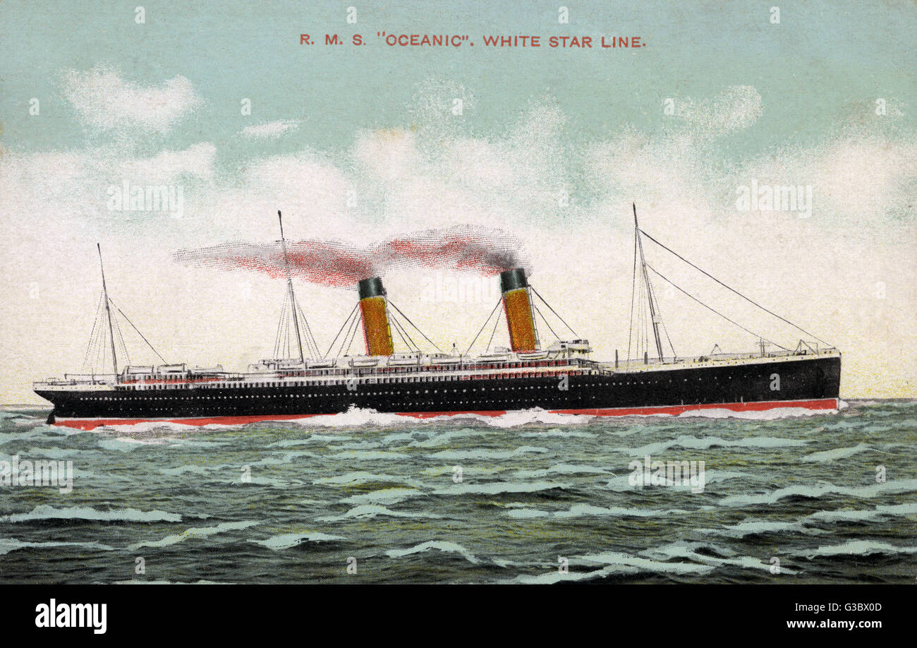 Die RMS Oceanic eines der größten White Star Liner. Sie war das erste Schiff gebaut, nachdem Thomas Ismay die Firma, mit einem innovativen Design kaufte. Gestartet im Jahr 1899 - lief auf Grund von Foula, Shetland 1914 - Verschrottung begann (über den Wellen) in 1 Stockfoto