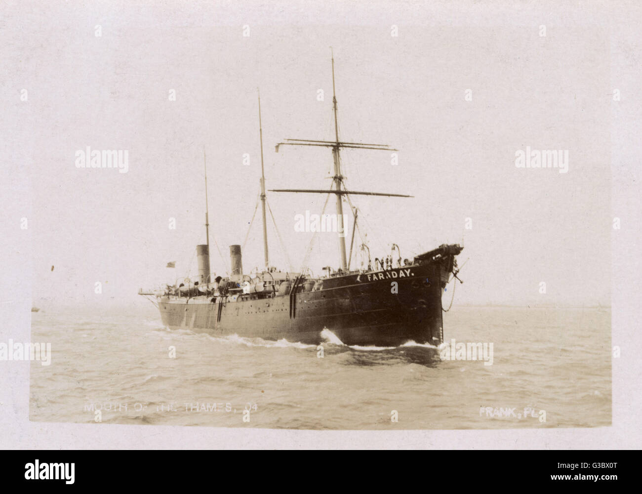 Die Kabelschiff "Faraday" in der Mündung der Themse. Gebaut von Siemens Brothers in ca. 1874 und verbrachte 50 Jahre, die Verlegung von Kabeln. Schließlich im Jahre 1924 abgewrackt, dies jedoch als zu kompliziert erwiesen, so wurde der Anglo-Algier Kohlenübernahme Gesellschaft verkauft und umbenennen Stockfoto