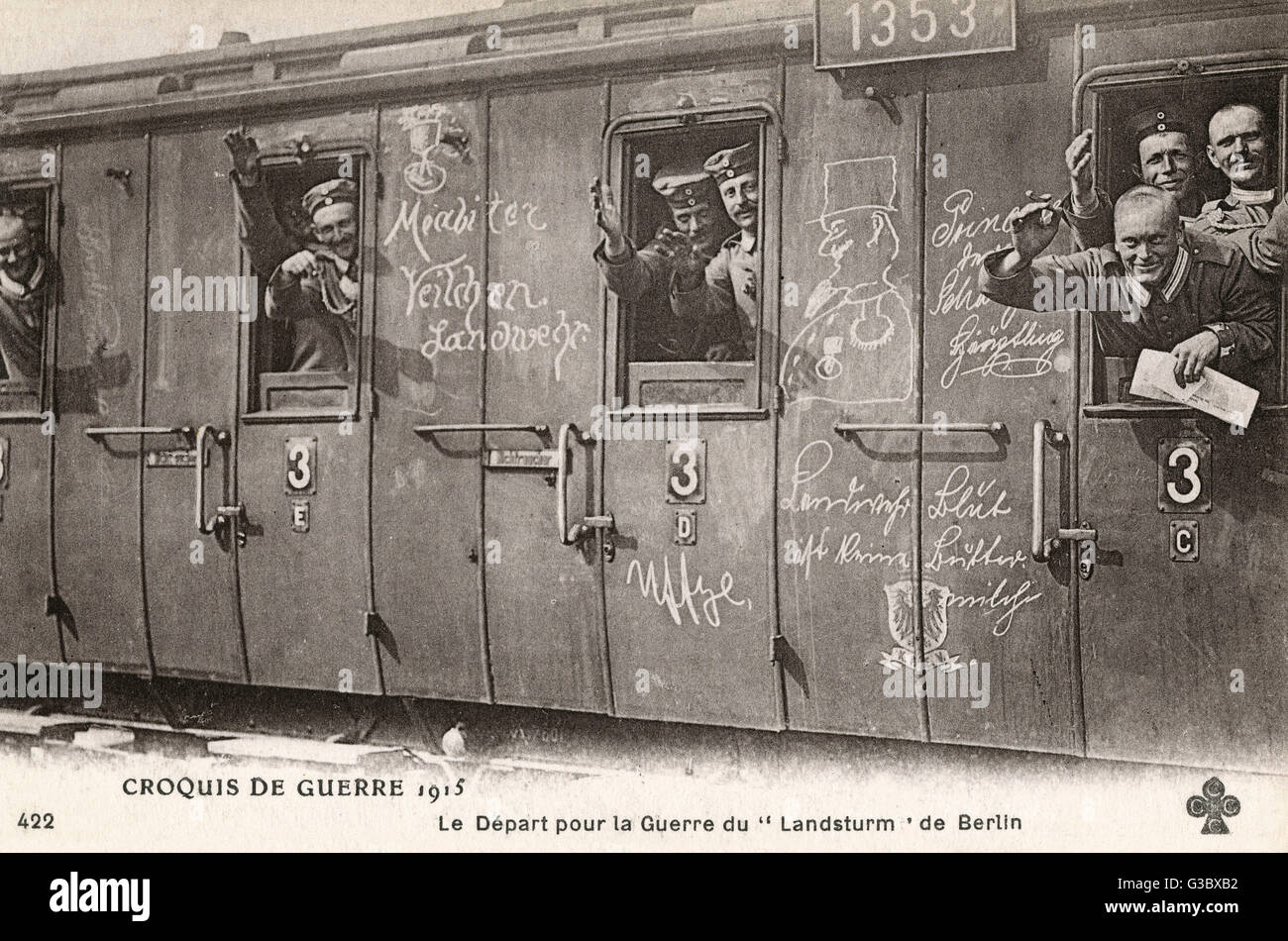 WW1 - Deutsche Soldaten in einem Zug auf dem Weg zur Front Stockfoto