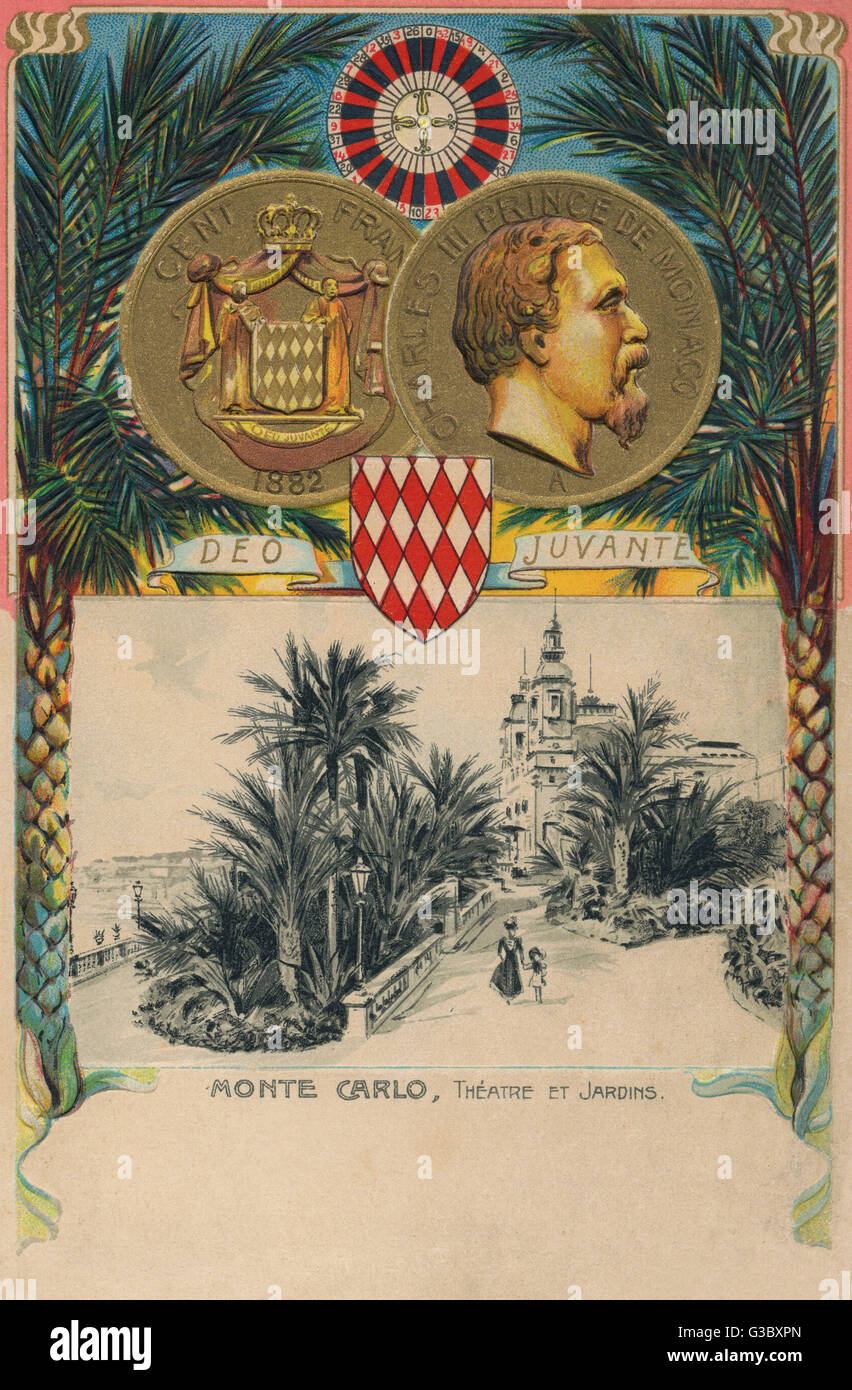 Monte Carlo, Monaco - Theater und Gärten und eine Nebenkarte geprägt 100 Franken Münze von 1882 mit dem Profil-Porträt von Charles III, Prinz von Monaco (1818-1889).     Datum: ca. 1903 Stockfoto