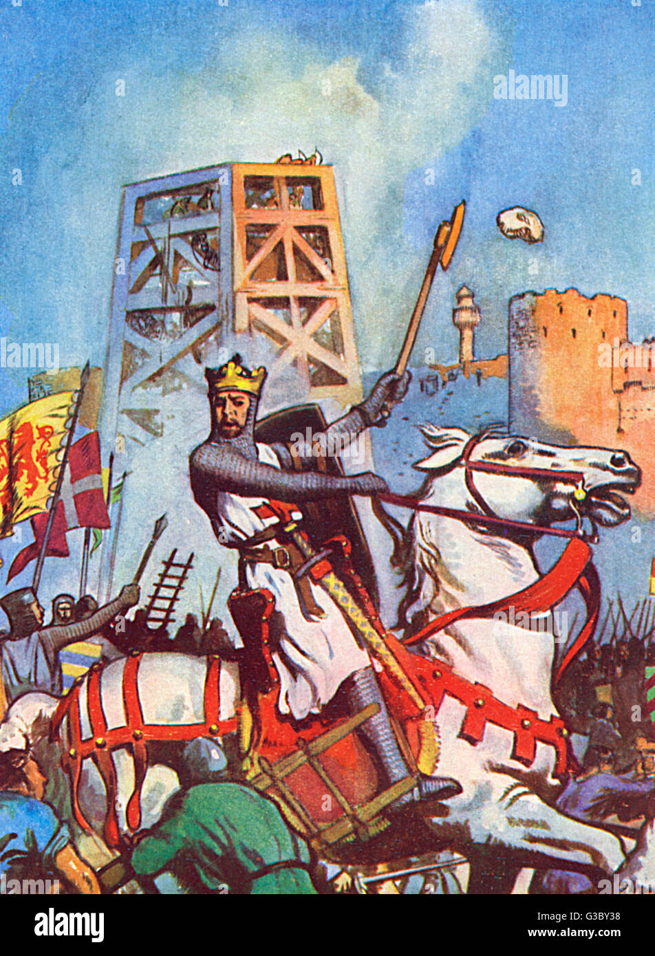 Die Belagerung von Akko war eine der ersten Auseinandersetzungen des Dritten Kreuzzugs, vom 28. August 1189 bis 12. Juli 1191. Die Kreuzritter-Kräfte wurden unter der Leitung von König Richard I ("The Lionheart") von England (im Bild) Datum: 1191 Stockfoto