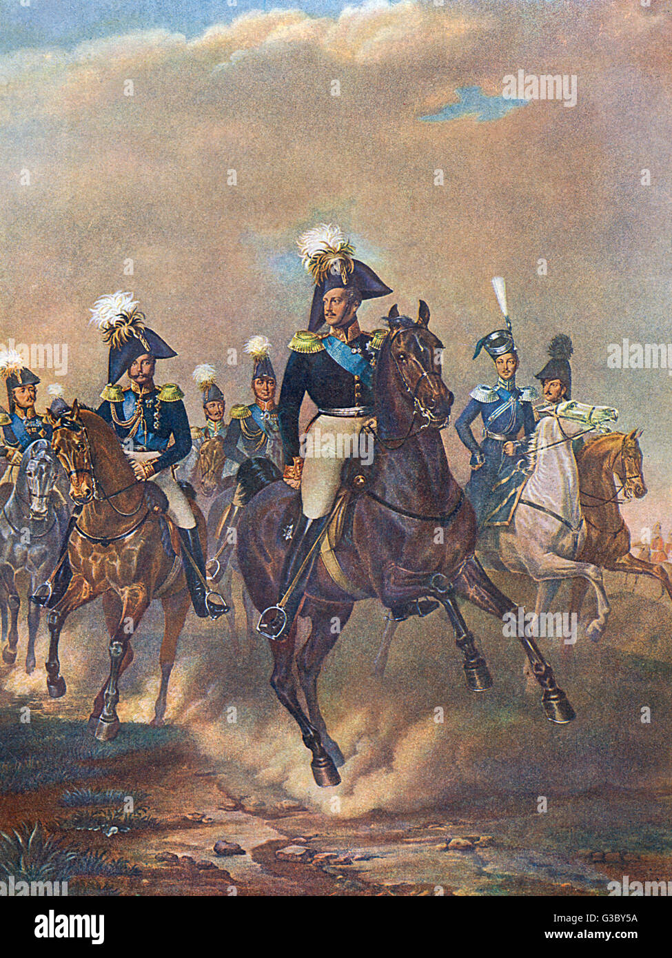 Tsar Nicholas I (Nikolai I Pawlowitsch) von Russland (1796-1855 regierte 1825-1855).  Hier zu sehen mit anderen auf dem Pferderücken, möglicherweise während der Ungarn-Aufstand von 1849.      Datum: ca. 1849 Stockfoto
