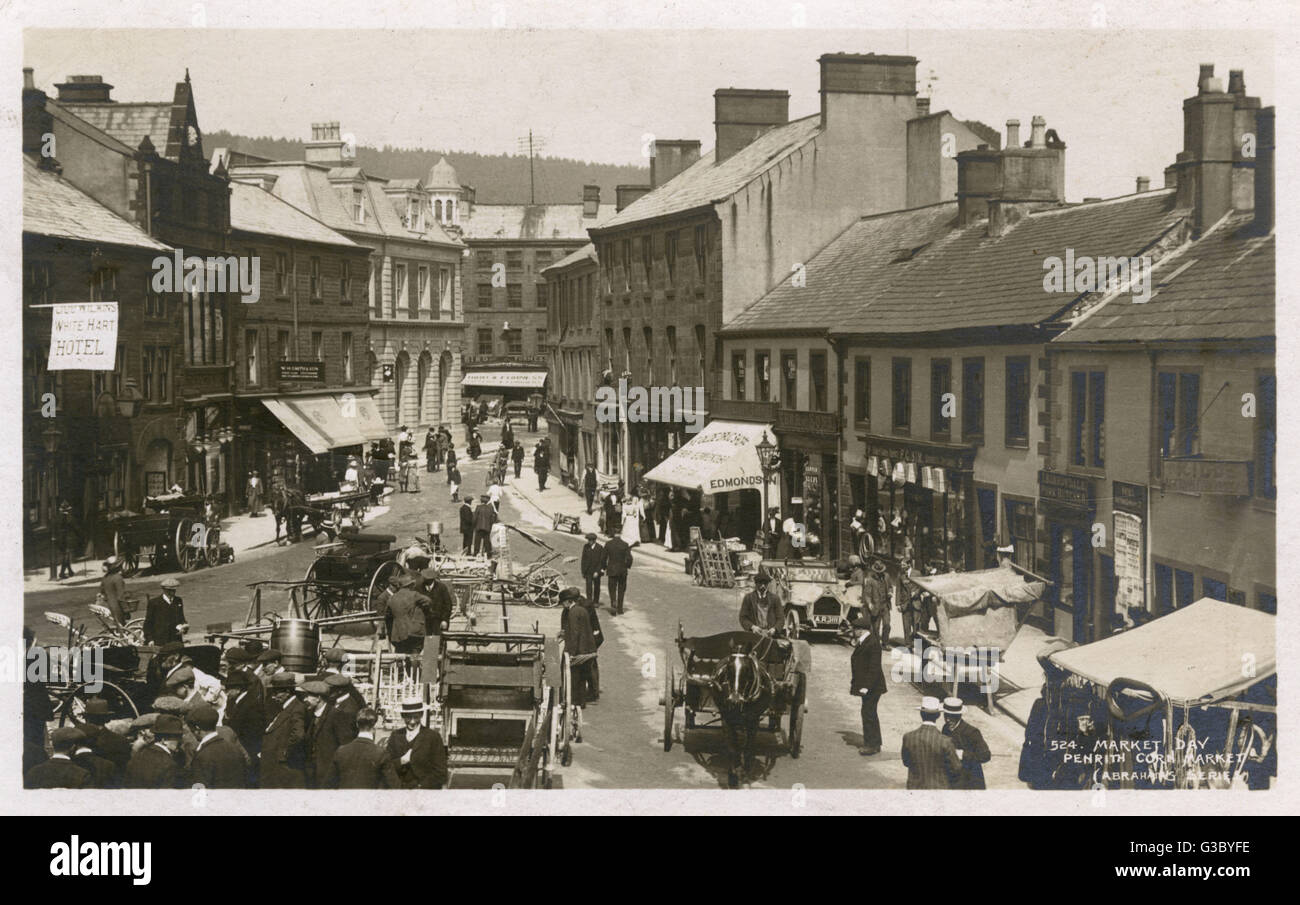 Penrith, Cumbria - Maismarkt am Markttag Stockfoto