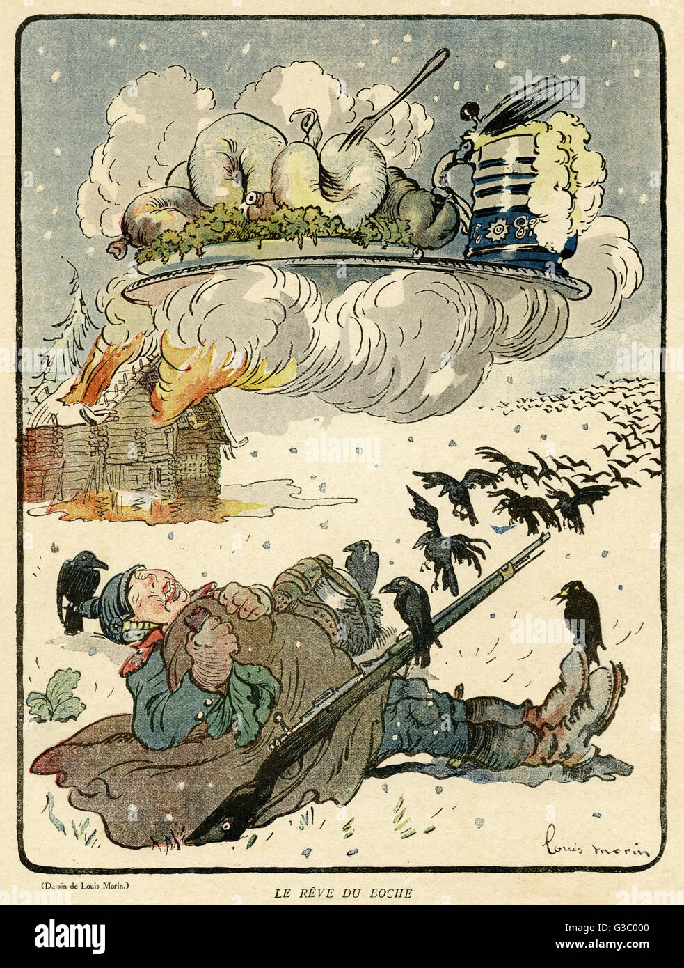 Cartoon, der Boche Traum.  Ein hungriger deutscher Soldat träumt von Bier und Würstchen während des Schlafes in den Schnee an der Westfront während WW1.      Datum: 1915 Stockfoto