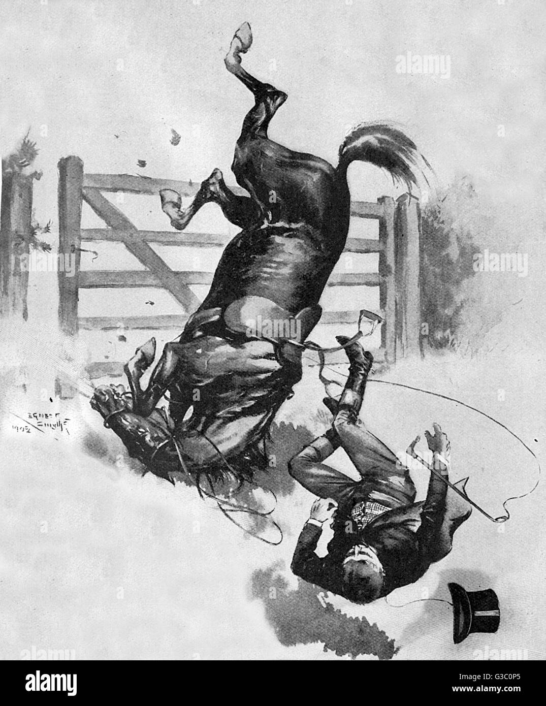Pferd und Reiter stürzen über einen Zaun Stockfoto