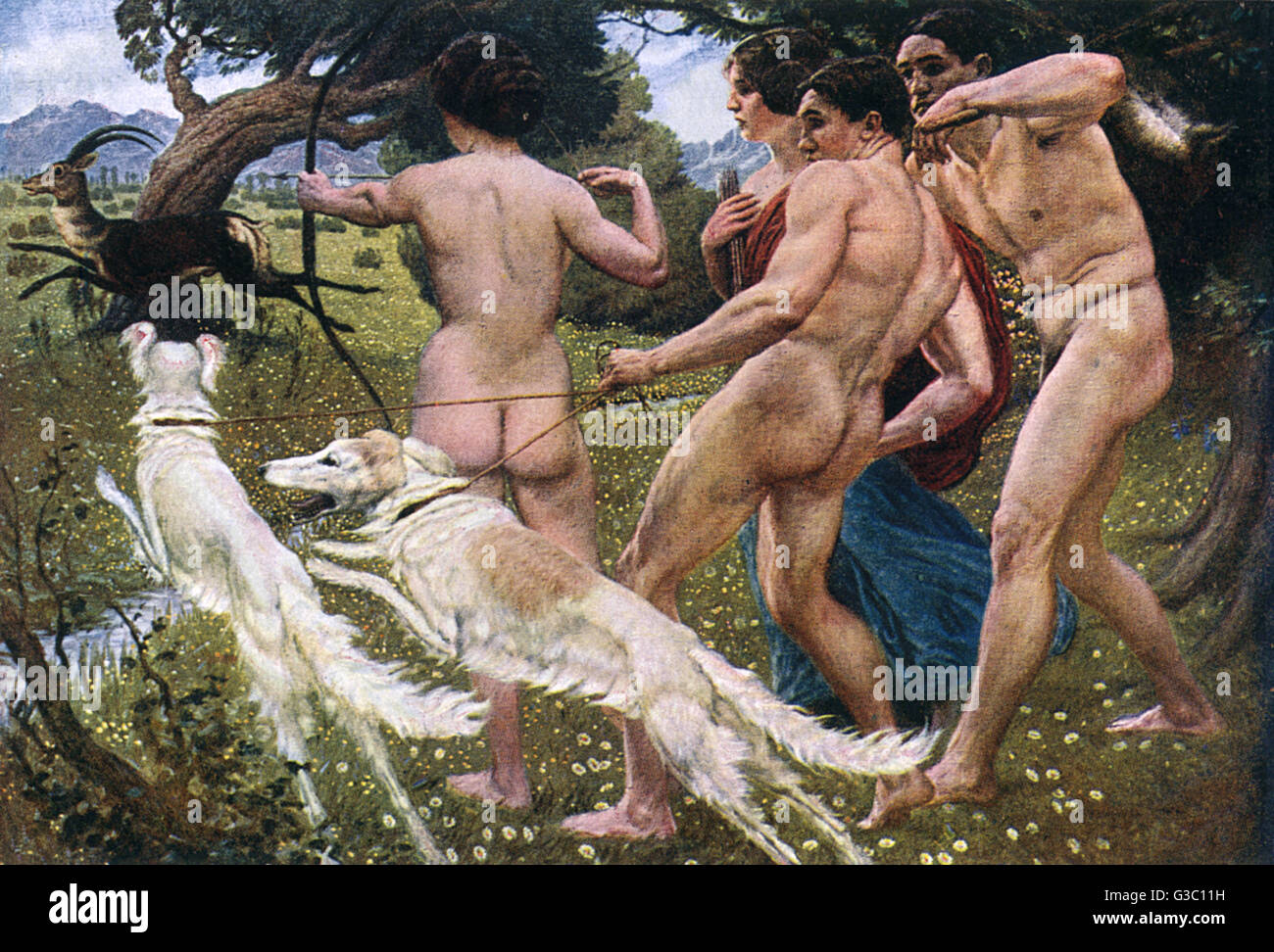 Diana, die Jägerin, mit Pförtnern und Borzois Stockfoto