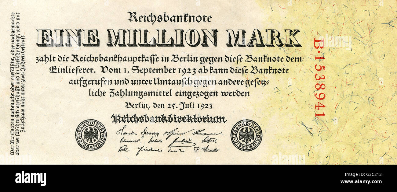 Eine Million Deutsche Mark Banknoten - 1923 - Zeugnis der Hyperinflation der Weimarer Republik in den frühen 1920er Jahren erlebt.     Datum: 1923 Stockfoto