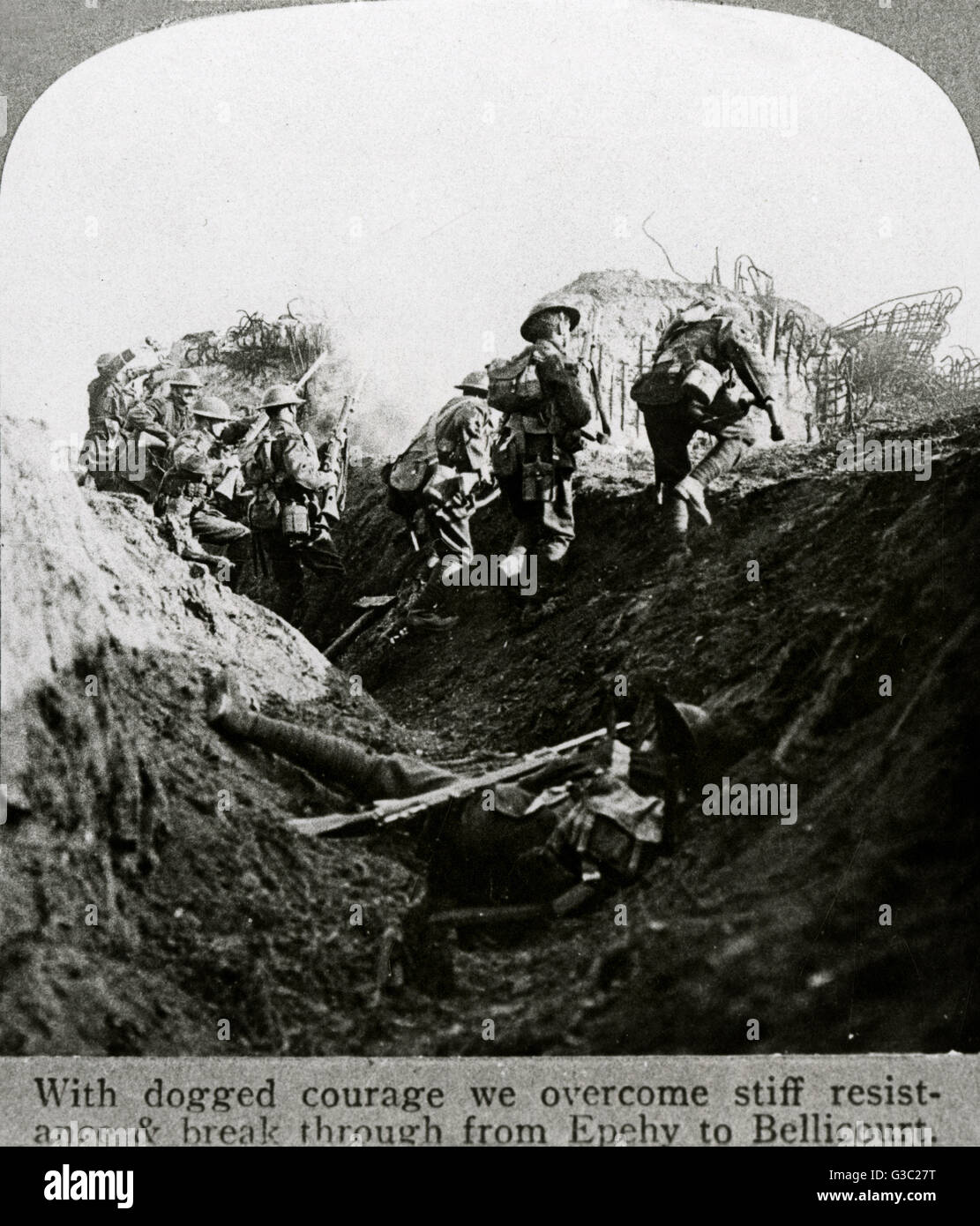 WW1 - britische Soldaten Resisitance zu überwinden und die deutsche Grenze zwischen Epehy und Bellicourt in Frankreich zu durchbrechen.     Datum: ca. 1917 Stockfoto