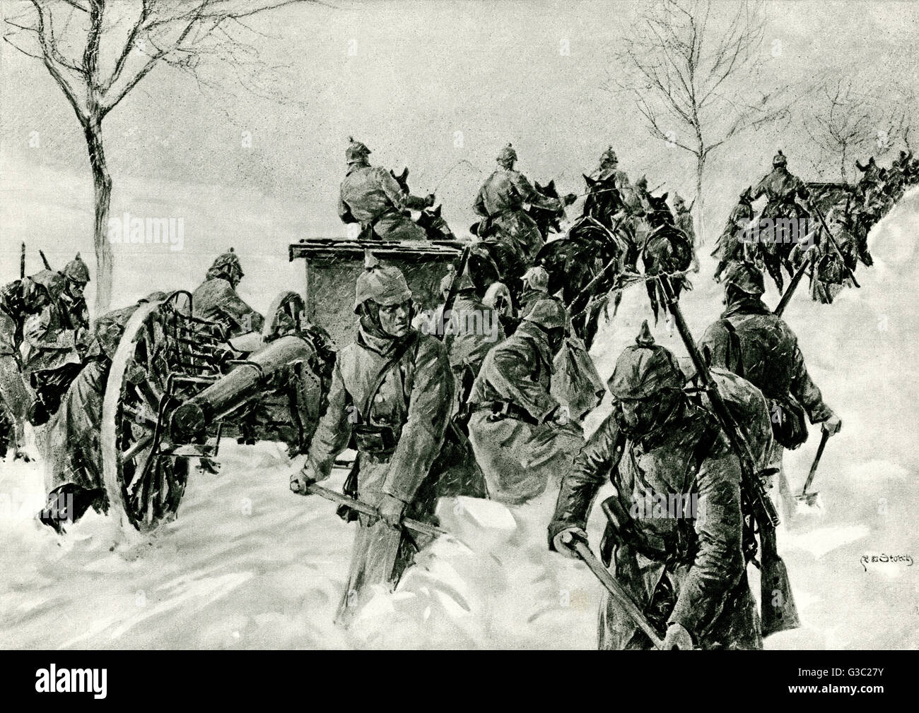 WW1 Uhr - Ostfront - deutsche Soldaten marschieren im Schnee Stockfoto