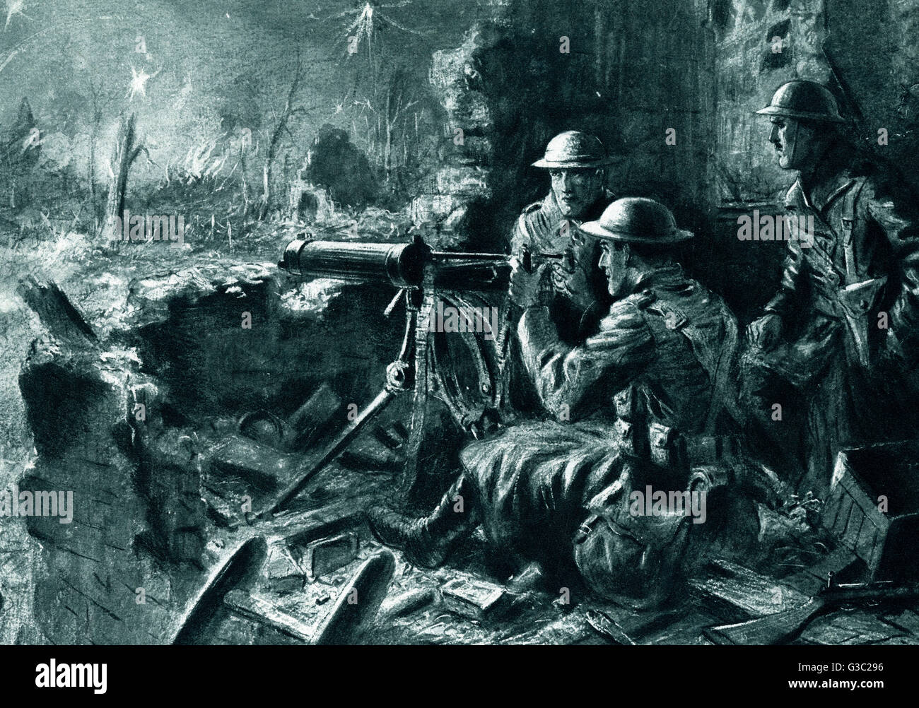 WW1 - drei Soldaten aufgestellt und in Aktion auf der oberen Geschichte eines zerstörten Gebäudes.     Datum: 1916 Stockfoto