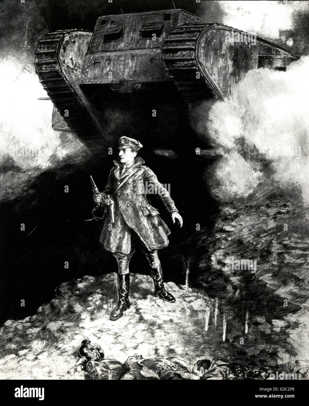 WW1 - Hauptmann, Major und General Frederick Elliot Hotblack (18871979) war ein britischer Offizier und kämpfte im ersten Weltkrieg als eines der ersten Mitglieder des Panzerkorps. Das hier abgebildete in Aktion, als er einen Panzer an dem Ziel führt, zu Fuß vor sich Stockfoto