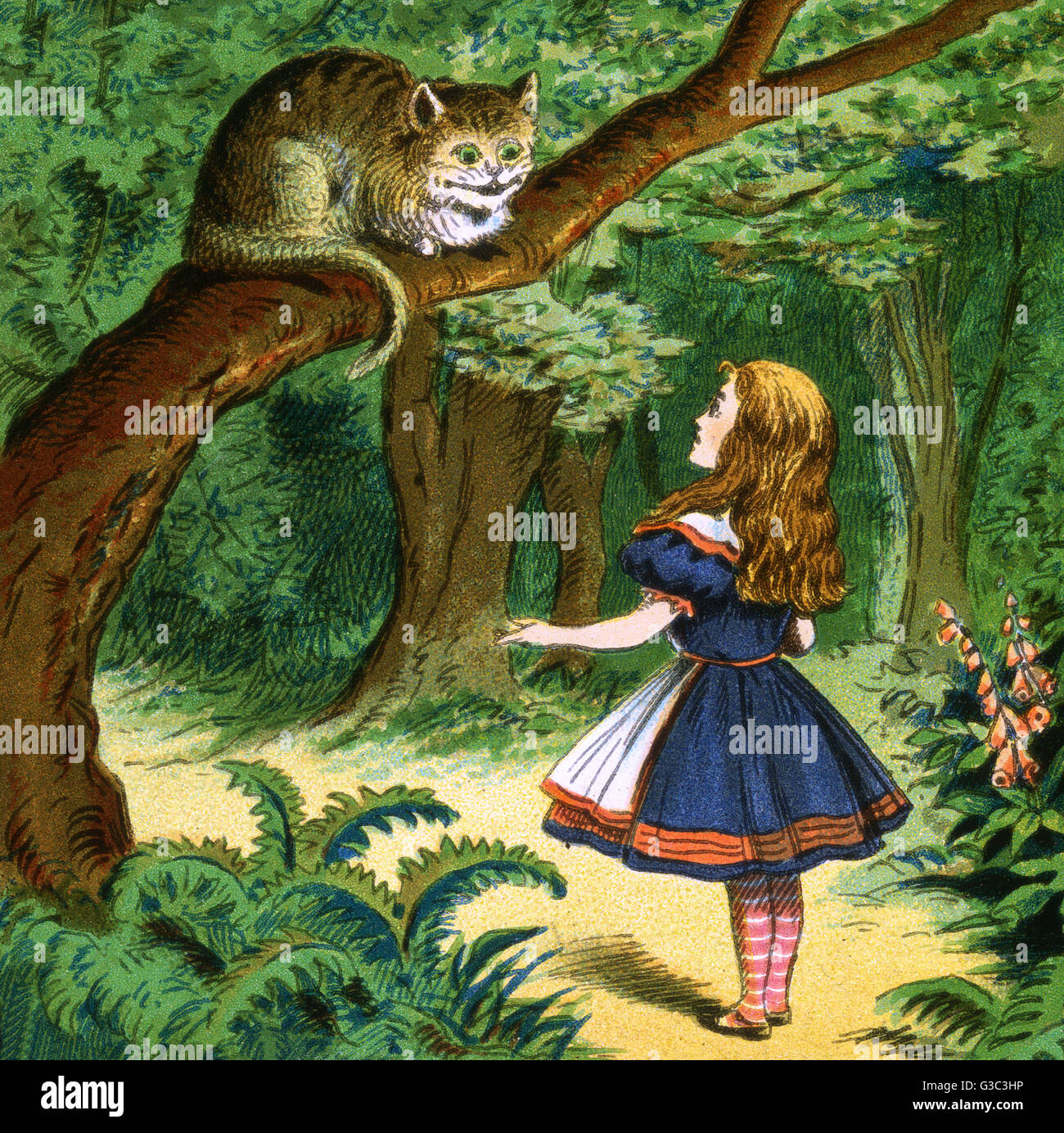 Alice im Wunderland, Alice hat ein Gespräch mit einer Grinsekatze.      Datum: Anfang des 20. Jahrhunderts Stockfoto