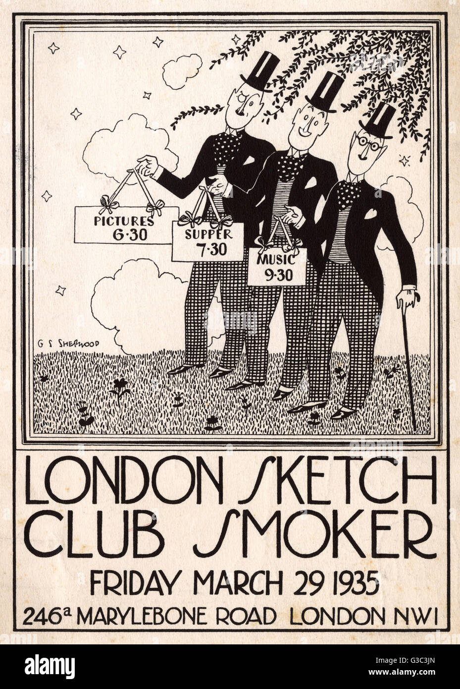 Broschüre Werbung London Skizze Club Raucher (Rauchen Partei), am Freitag, 29. März 1935 an einem Veranstaltungsort in Marylebone Road, London NW1, mit Bildern von 6.30 Uhr, Abendessen ab 7.30 Uhr und Musik von 9.30 Uhr stattfindet.      Datum: 1935 Stockfoto