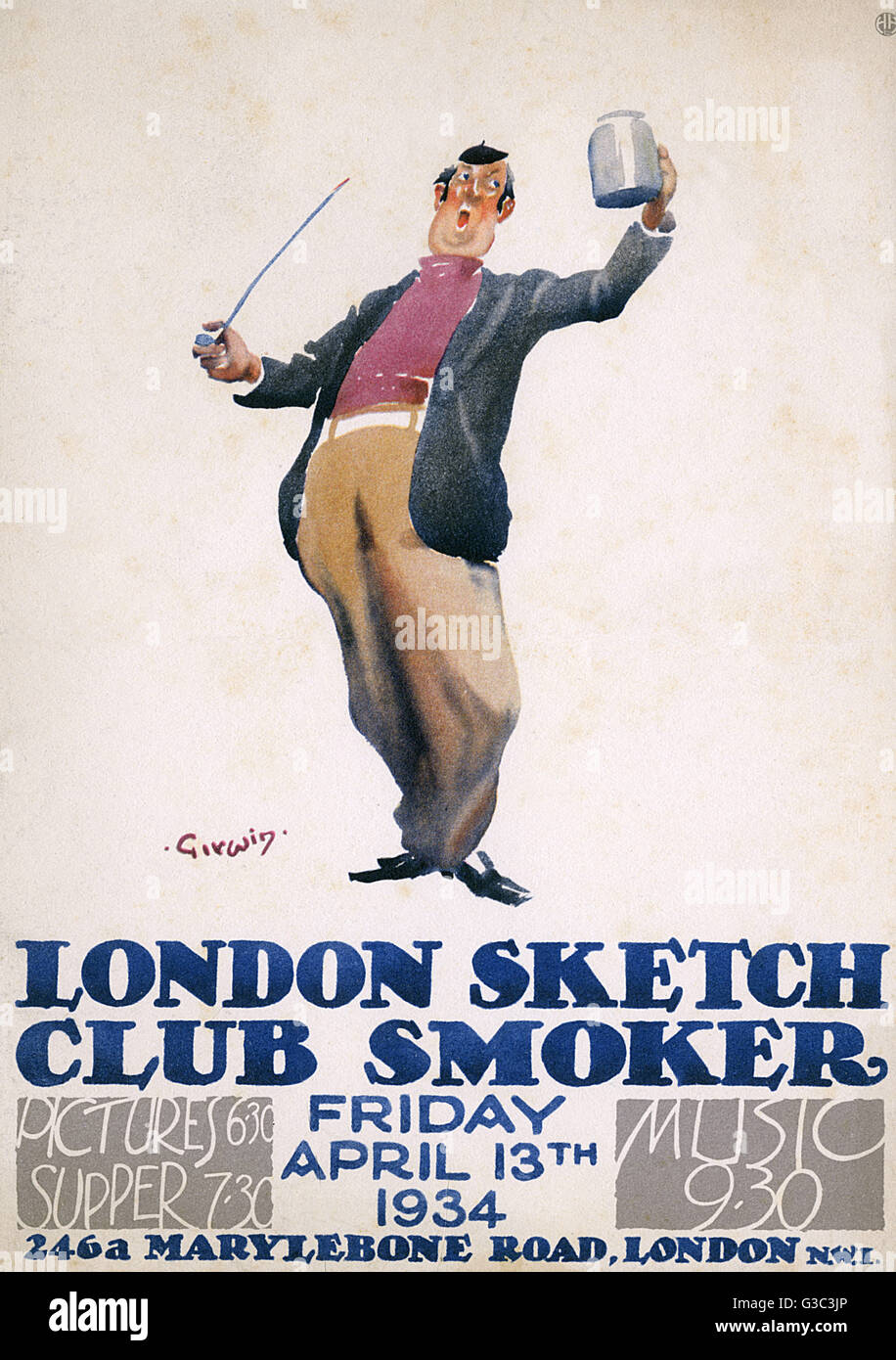 Broschüre Werbung London Skizze Club Raucher (Rauchen Partei), am Freitag, 13. April 1934 an einem Veranstaltungsort in Marylebone Road, London NW1, mit Bildern von 6.30 Uhr, Abendessen ab 7.30 Uhr und Musik von 9.30 Uhr stattfindet.      Datum: 1934 Stockfoto