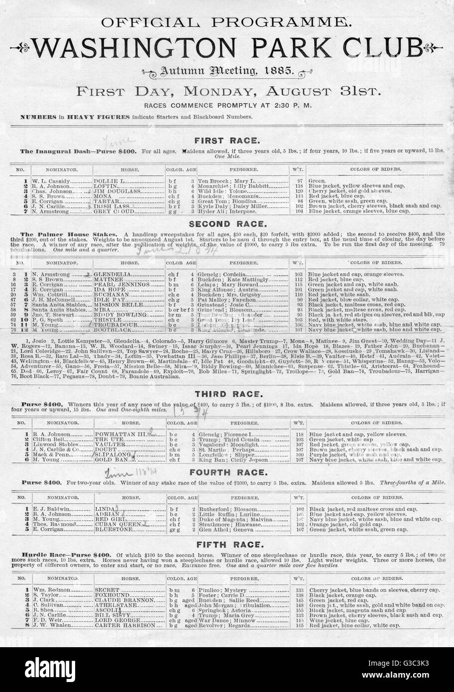 Offizielles Programm, Washington Park Club, Chicago Stockfoto