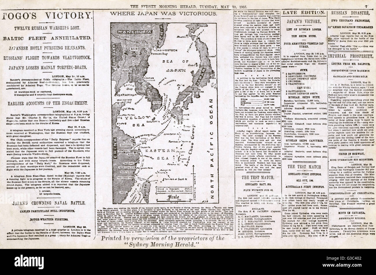 Postkarte, Sydney Morning Herald für 30. Mai 1905, Reproduktion von einer Seite mit einem Bericht über den russisch-japanischen Krieg (1904-5), mit einer Überschrift Togo-Sieg und eine Karte mit japanischen Erfolge auf dem Meer.     Datum: 1905 Stockfoto