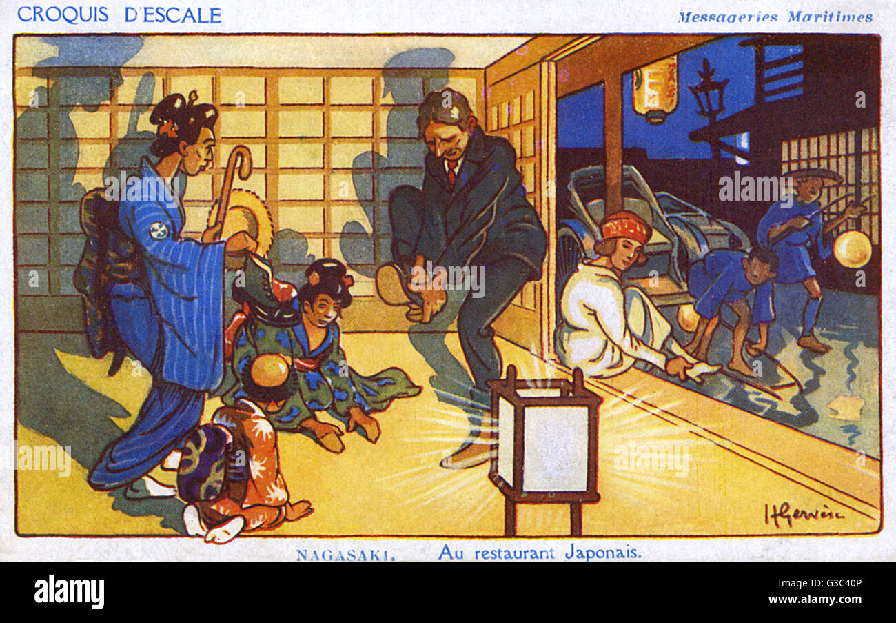 Comic-Szene in ein traditionelles japanisches Restaurant, Nagasaki