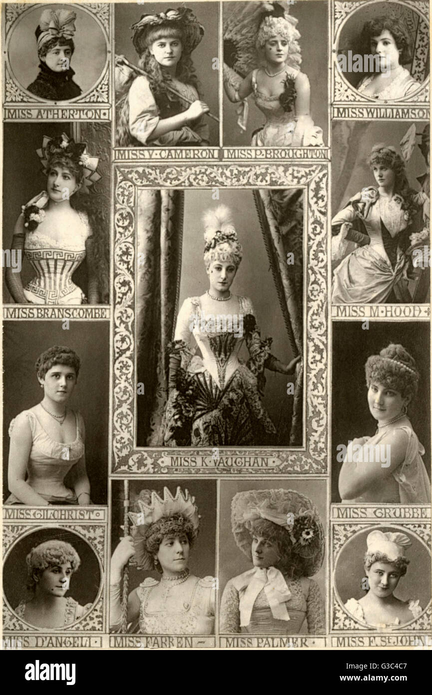 Einige führende Schauspielerinnen des späten viktorianischen Ära. (von links oben im Uhrzeigersinn): Miss Alice Atherton (1854 – 1899), Miss V. Cameron (Violet Lydia Thompson) (1862 – 1919), Miss Phyllis Broughton (1862-1926), Miss Williamson, Miss Marion Hood (1854-1912) Mis Stockfoto