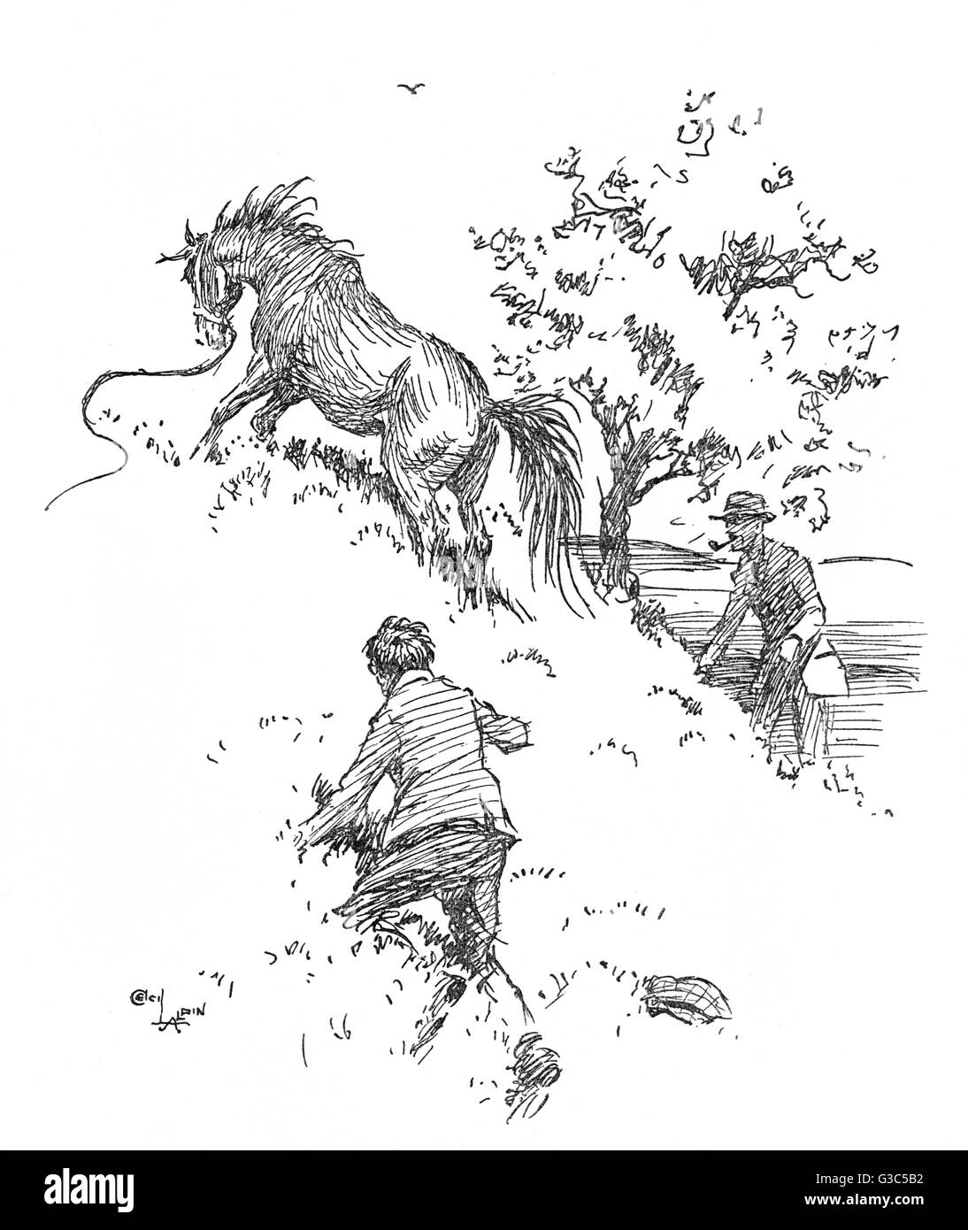 Illustration, ein Junge und sein Vater versuchen, ein entflohener Pony zu fangen.      Datum: 1930 Stockfoto