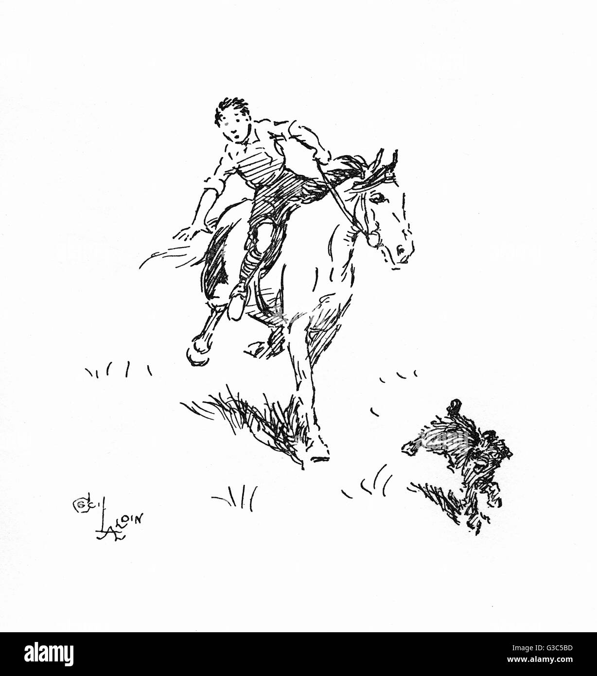 Illustration, Junge rutscht von einem Pony Stockfoto