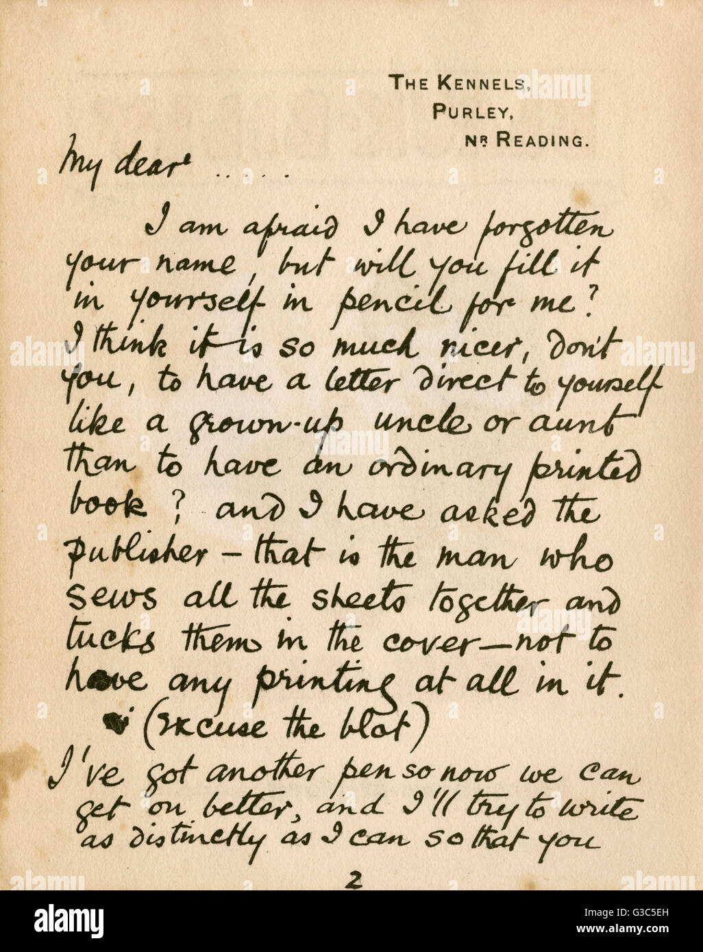 Erste Seite eines Buches von Cecil Aldin, Black Billy in der Brief-Buchreihe. Es ist in Aldins Handschrift, mit seiner Wohnadresse an der Spitze: der Zwinger, Purley, in der Nähe von Reading.      Datum: 1921 Stockfoto