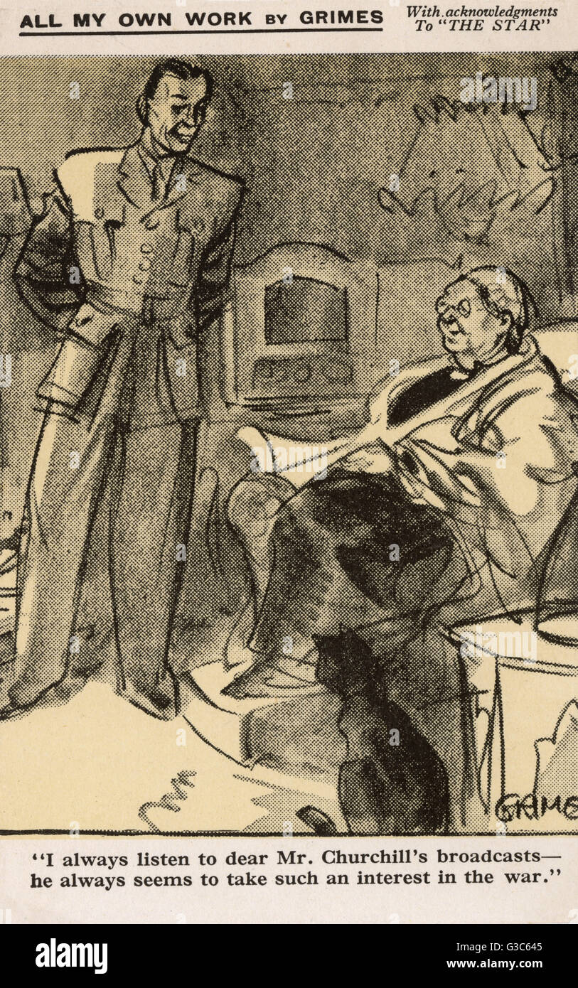WW2 Uhr - Comic-Postkarte - Hören Sie Winston Churchill Stockfoto