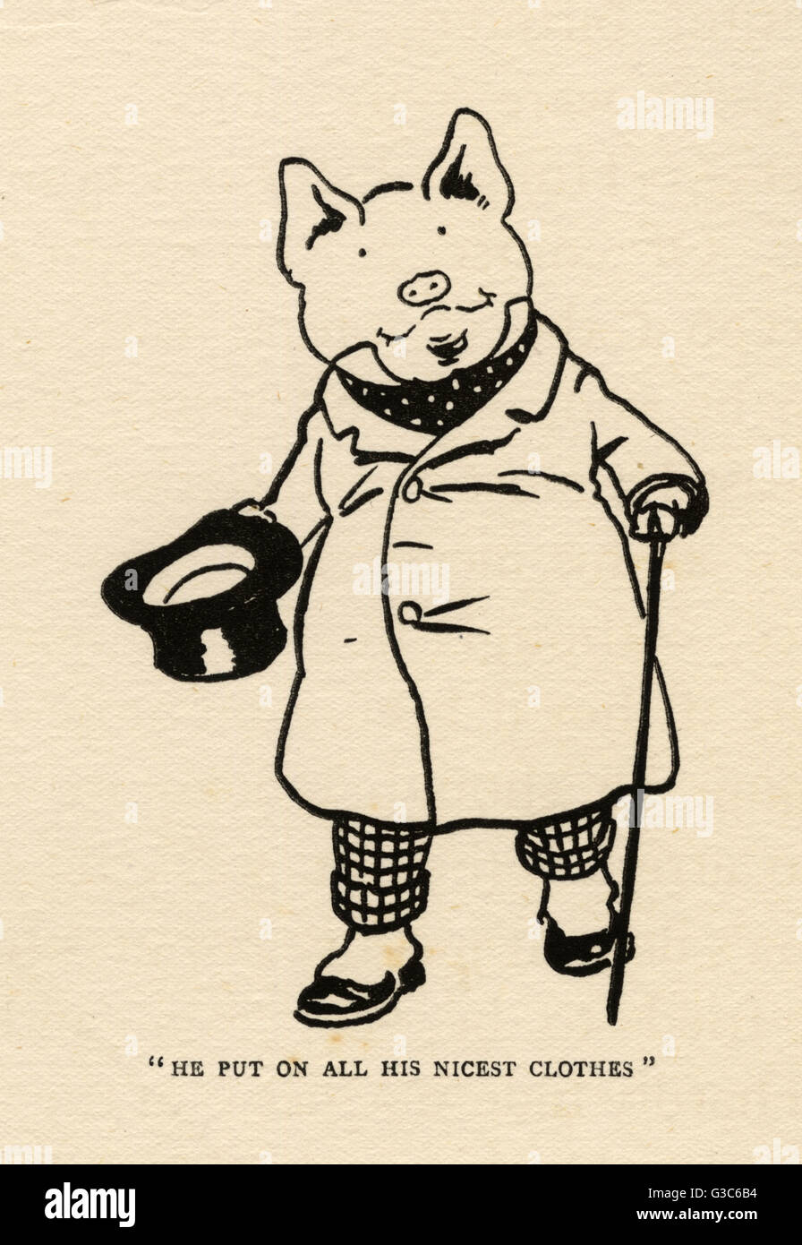 Hungriger Peter, das Schwein in seinen besten Kleidern Stockfoto