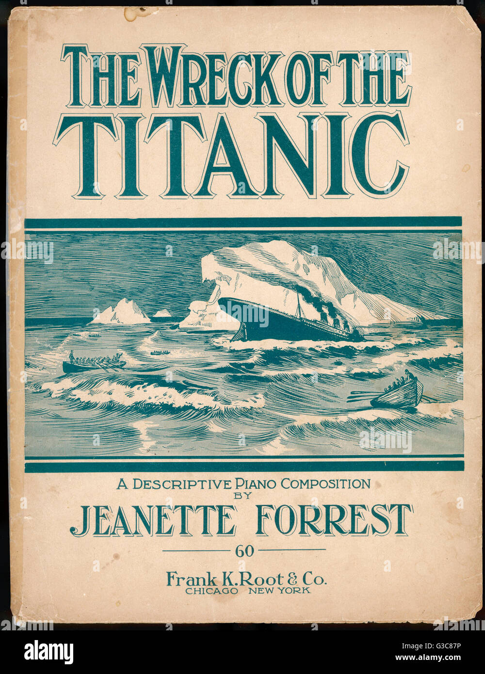 "Das Wrack der Titanic", Klavierstück von Jeanette Forrest - die Reise beginnt - jeder glücklich und sorglos - Pfeife klingt der Alarm - näher mein Gott - Schiff sinkt...     Datum: 1912 Stockfoto